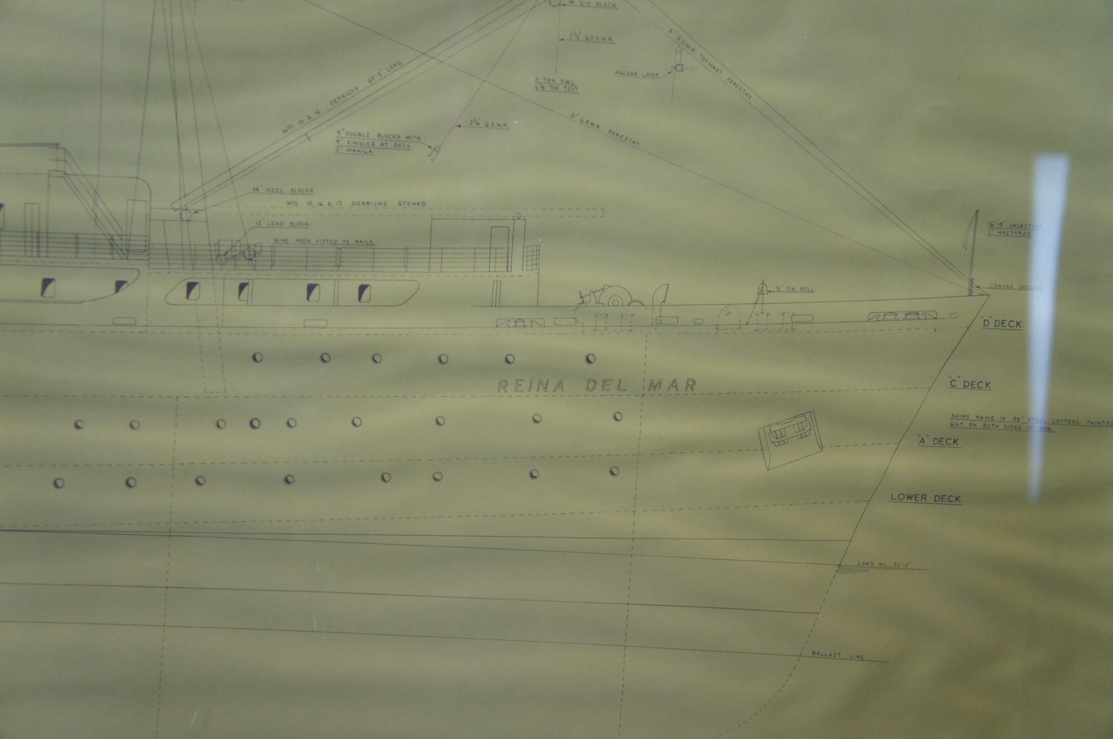 1964 Harland & Wolff Boat Ship Martime Naval Blueprint Diagram Rigging Plans In Fair Condition In Dayton, OH