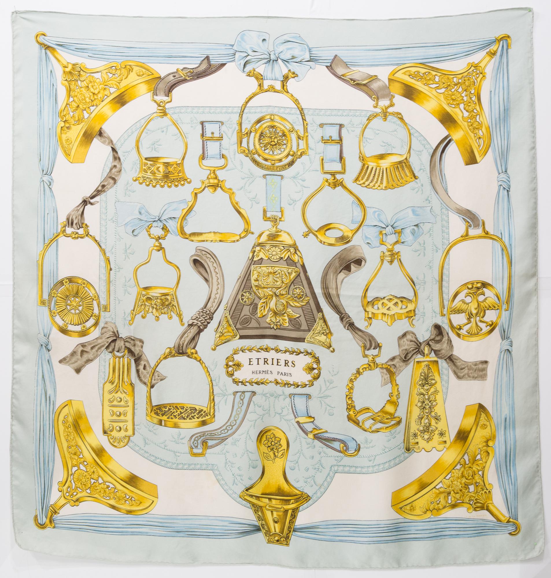 Women's or Men's 1964 Hermes Etriers by F.de la Perriere Silk Scarf
