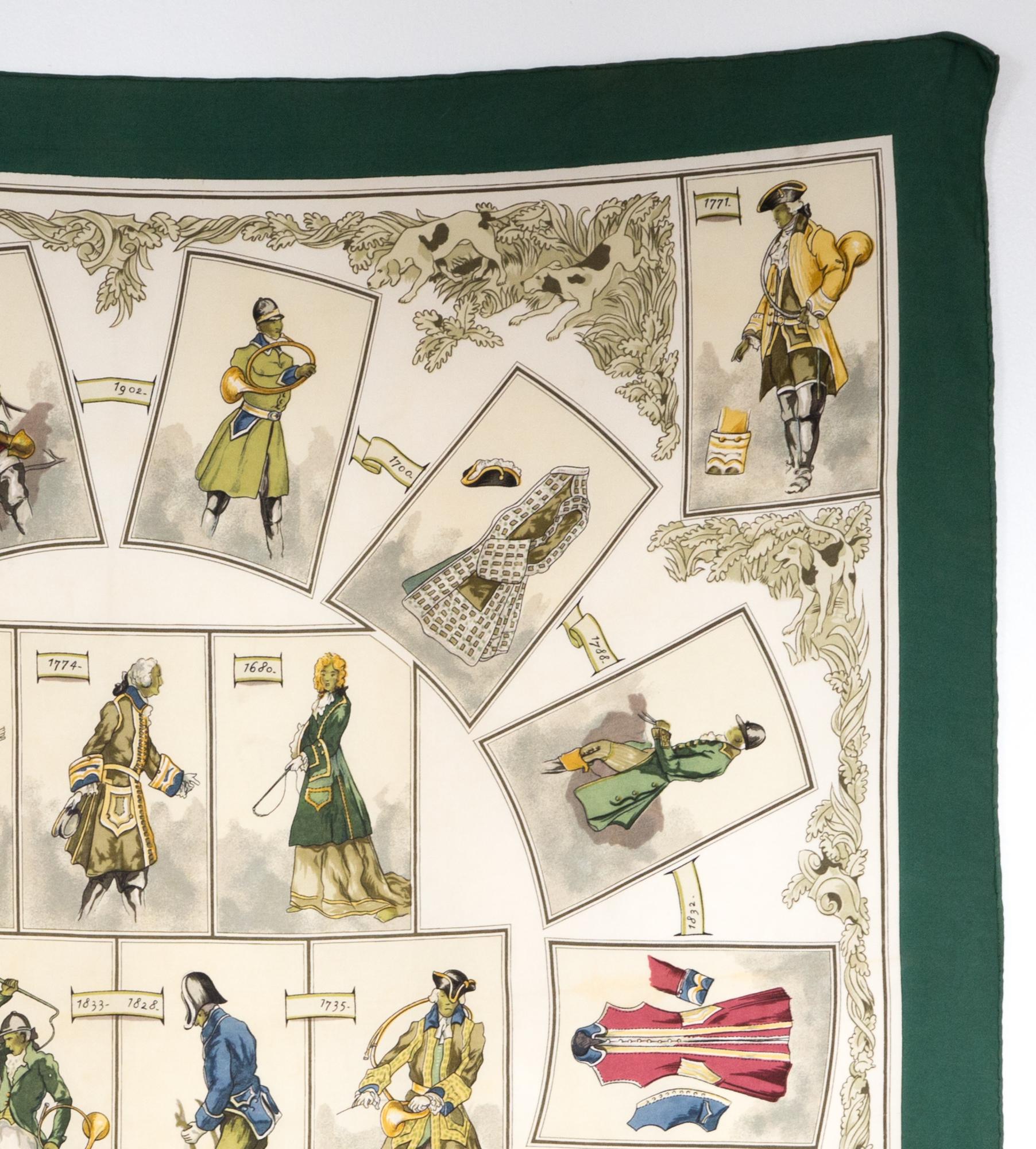 1964 Pañuelo de seda Hermes Green La Tenue de Venerie by Charles-Jean Hallo Beige en venta