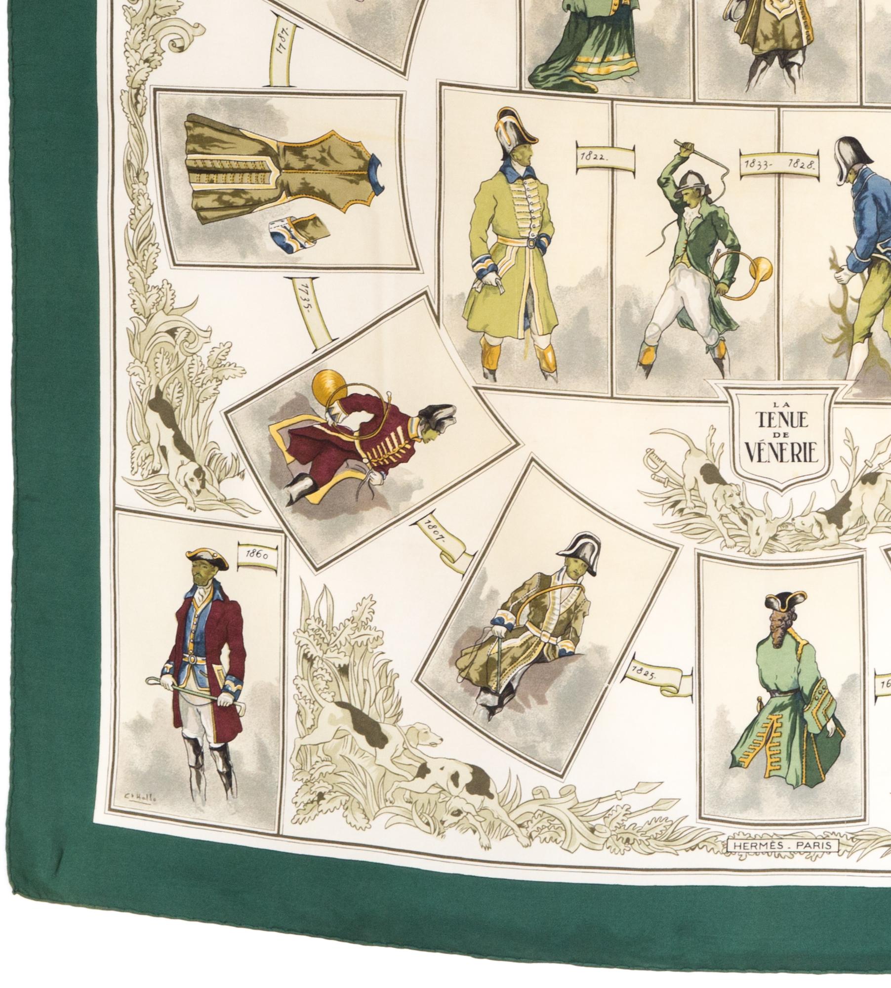 1964 Pañuelo de seda Hermes Green La Tenue de Venerie by Charles-Jean Hallo en Bueno estado para la venta en Paris, FR