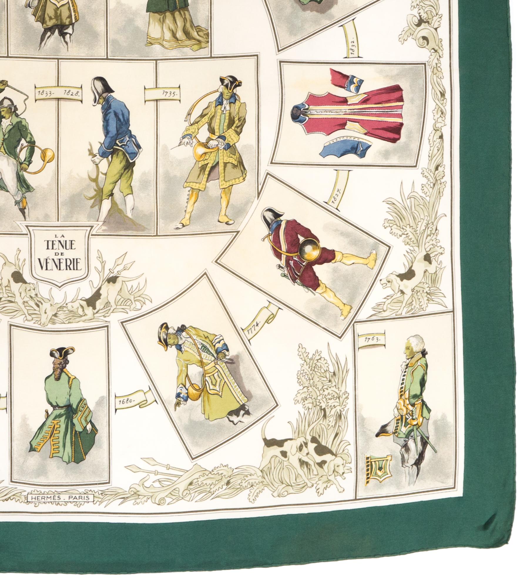 Femenino o masculino 1964 Pañuelo de seda Hermes Green La Tenue de Venerie by Charles-Jean Hallo en venta