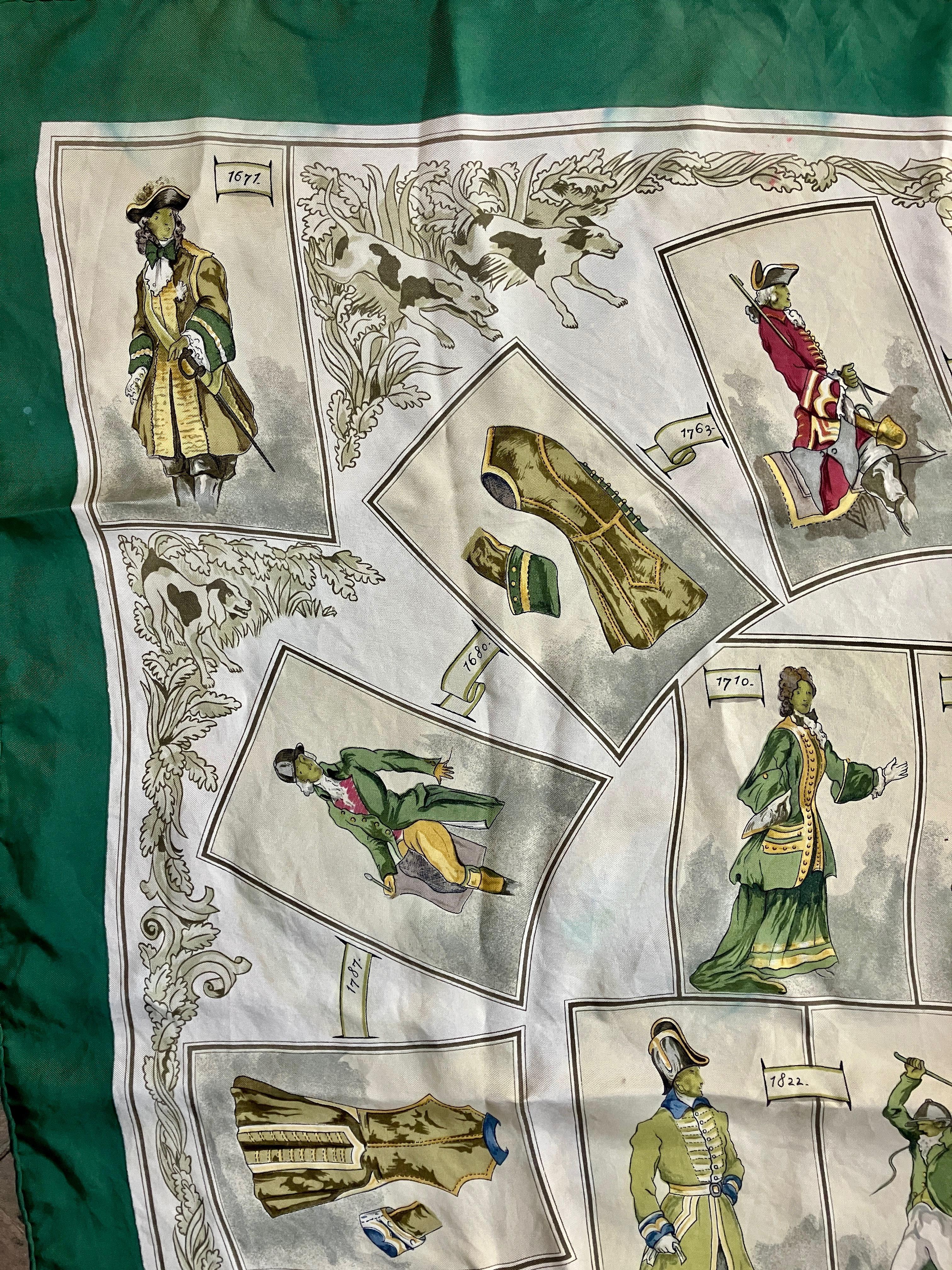 1964 Pañuelo de seda Hermes Green La Tenue de Venerie by Charles-Jean Hallo en venta 2