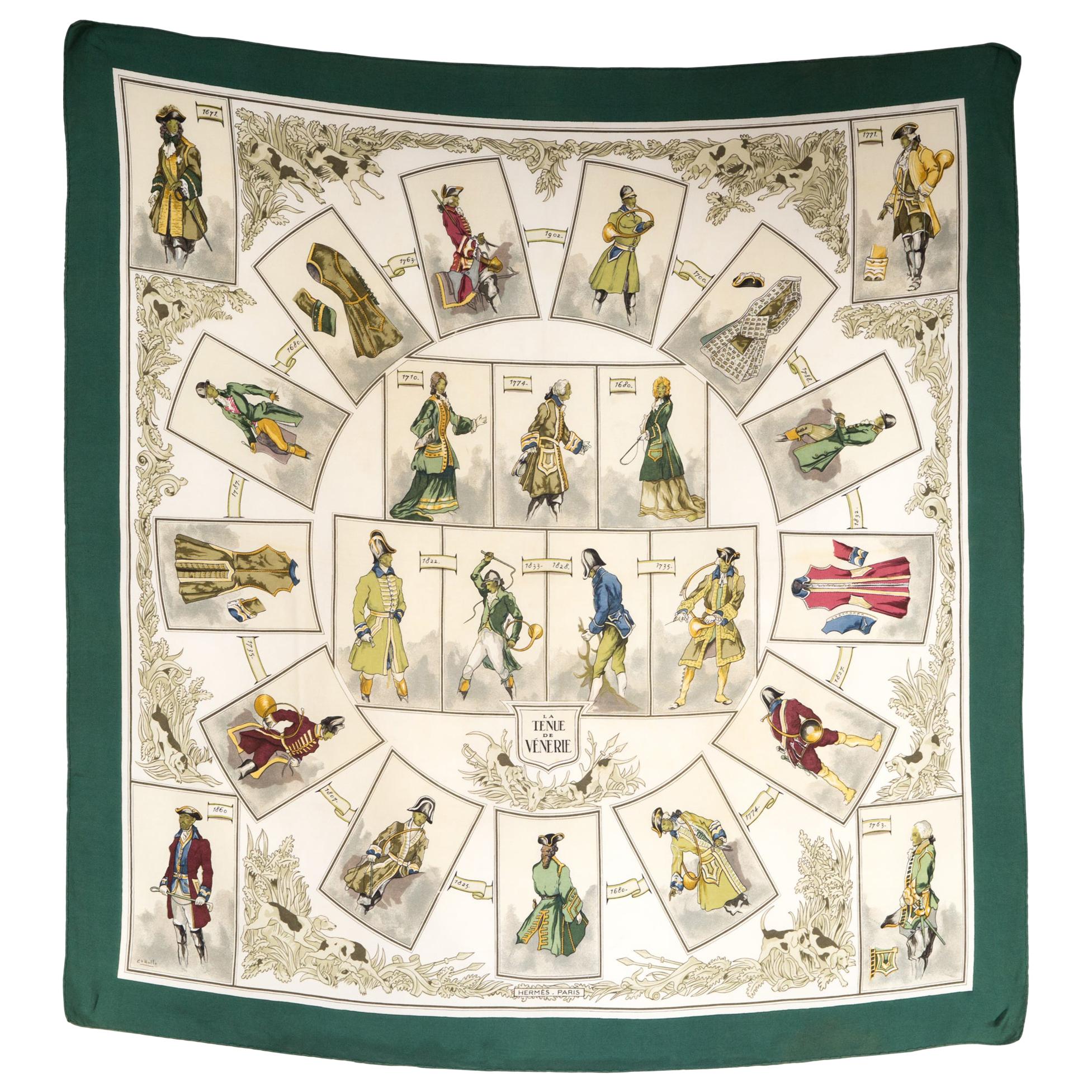 1964 Hermes Green La Tenue de Venerie by Charles-Jean Hallo Silk Scarf