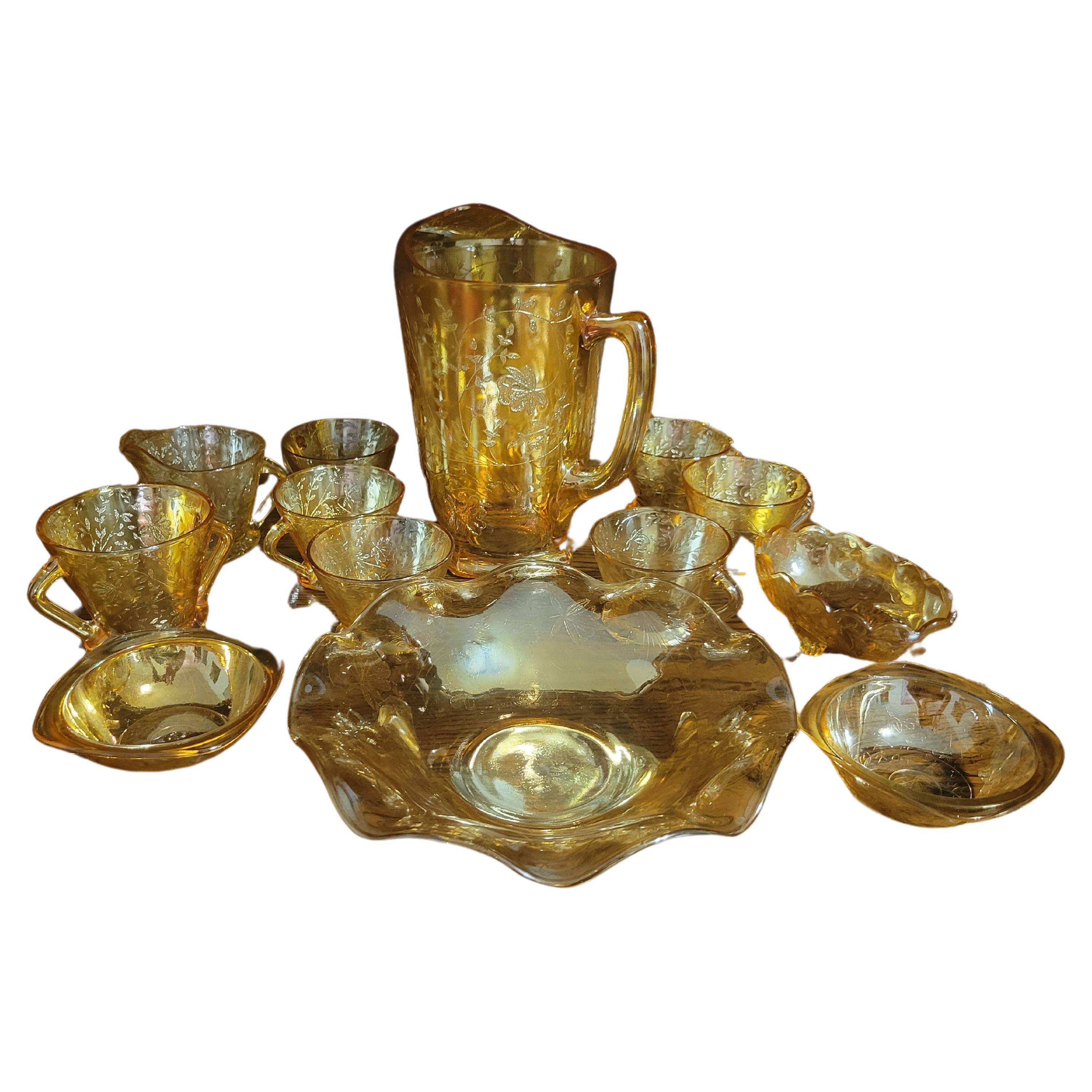 1964 Jeannette Floragold Iridescent Glassware Set - 13 pieces For Sale