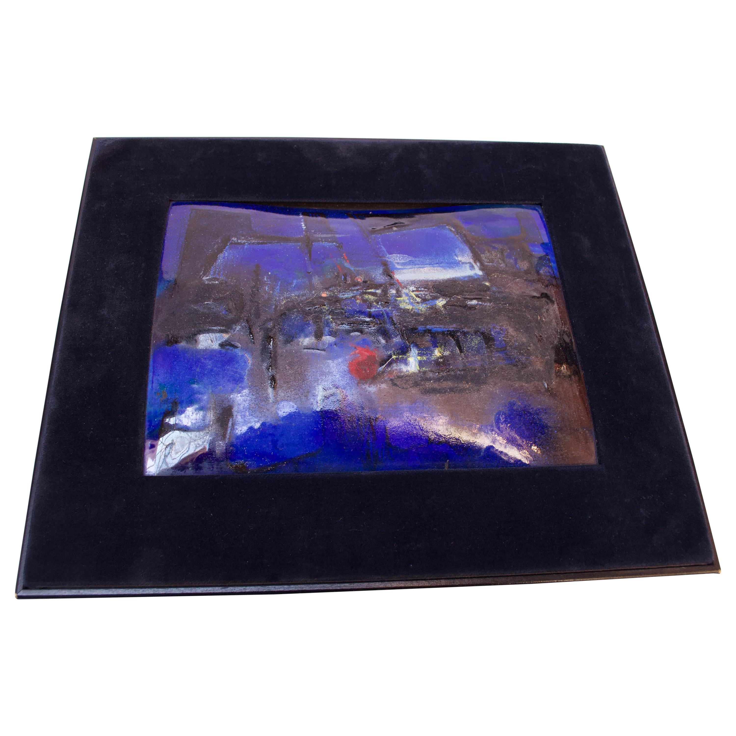 1964 Madeline Jossem "City at Dusk" Framed Enamel on Copper Panel For Sale