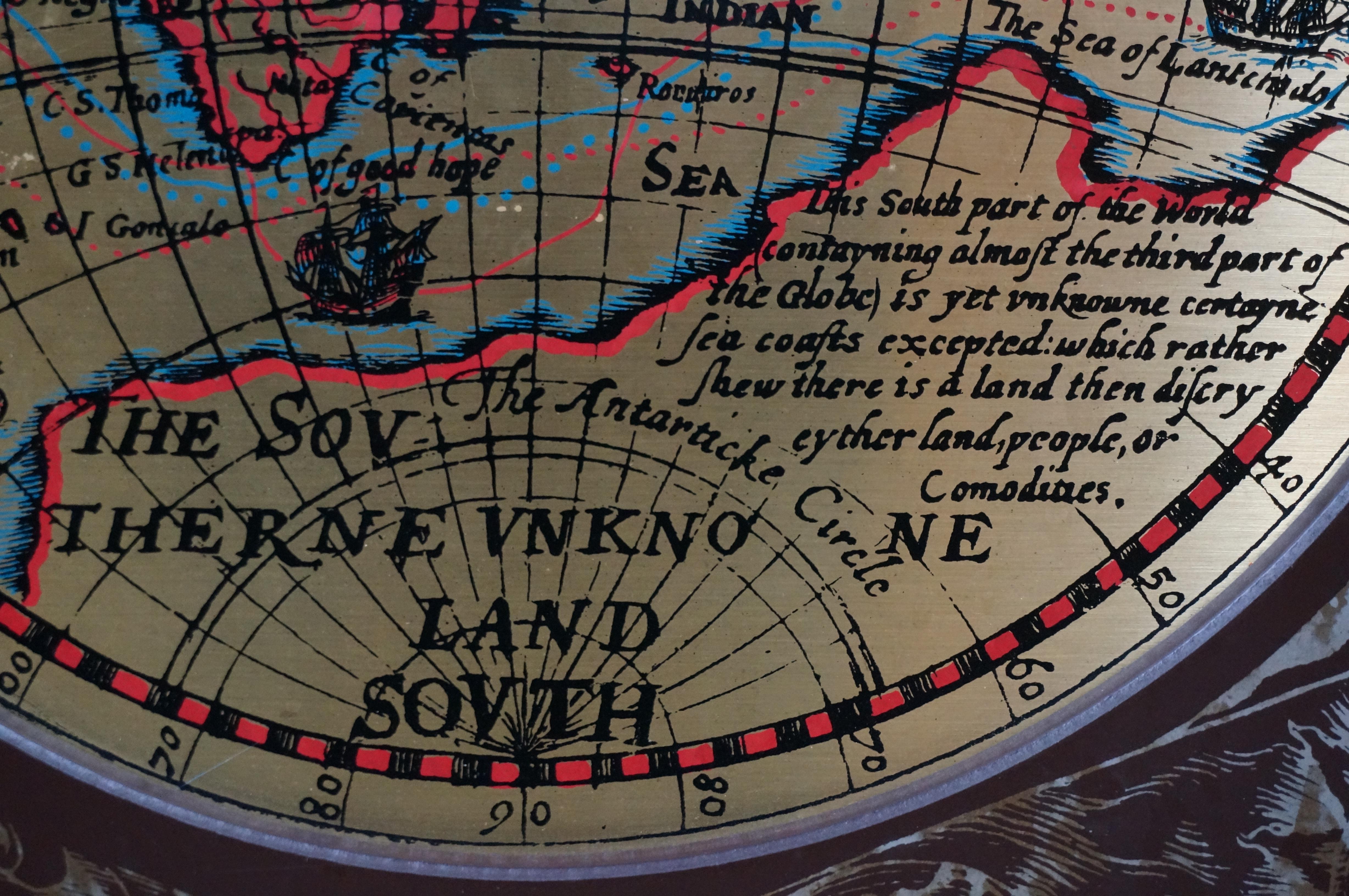1964 Mid Century Masketeers Inc Legno e Ottone Mappe del Mondo 1628 Mappa 44