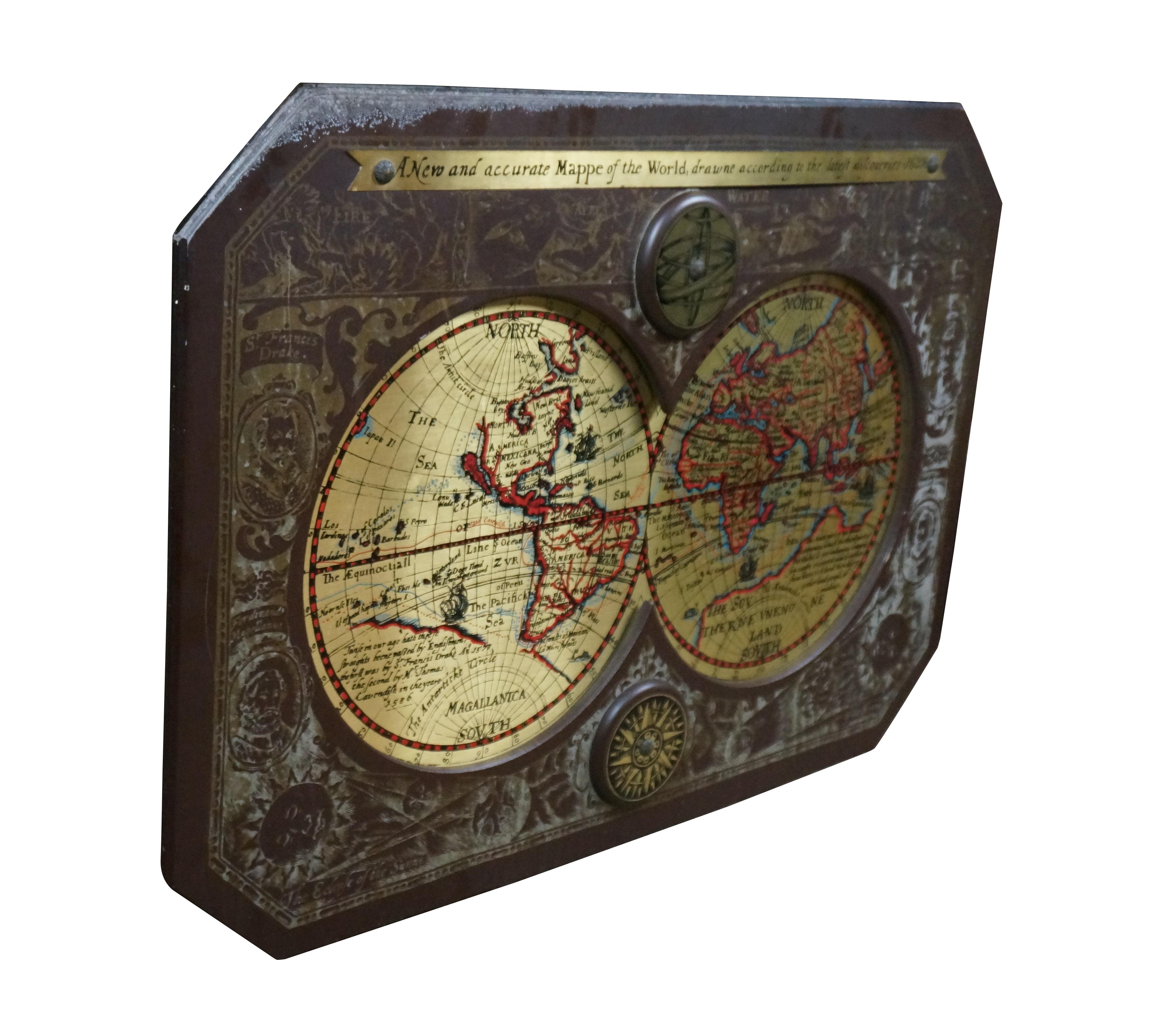 Elisabettiano 1964 Mid Century Masketeers Inc Legno e Ottone Mappe del Mondo 1628 Mappa 44