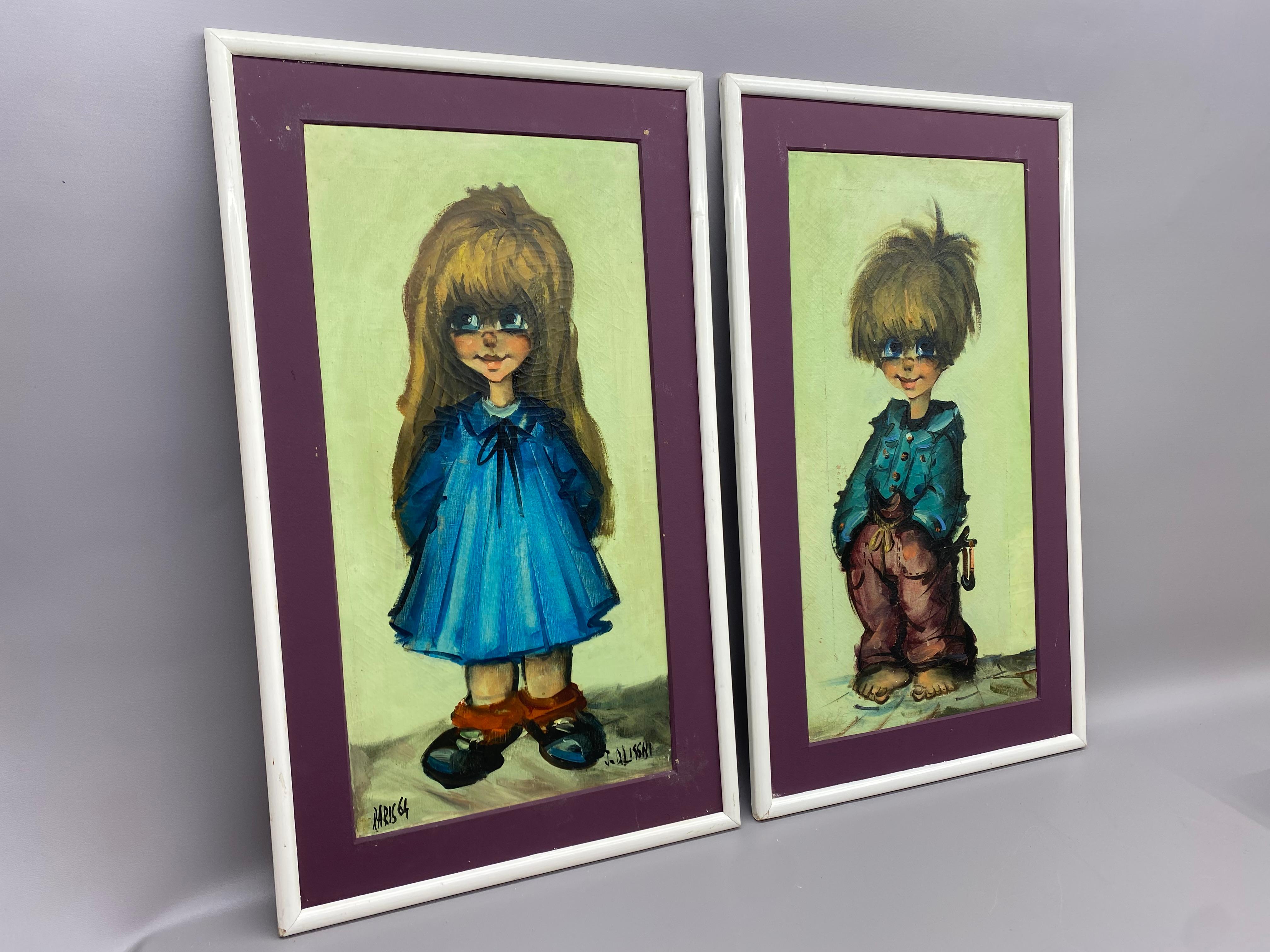 1964 Pinturas parisinas de niña y niño con ojos grandes, Pareja Moderno de mediados de siglo en venta