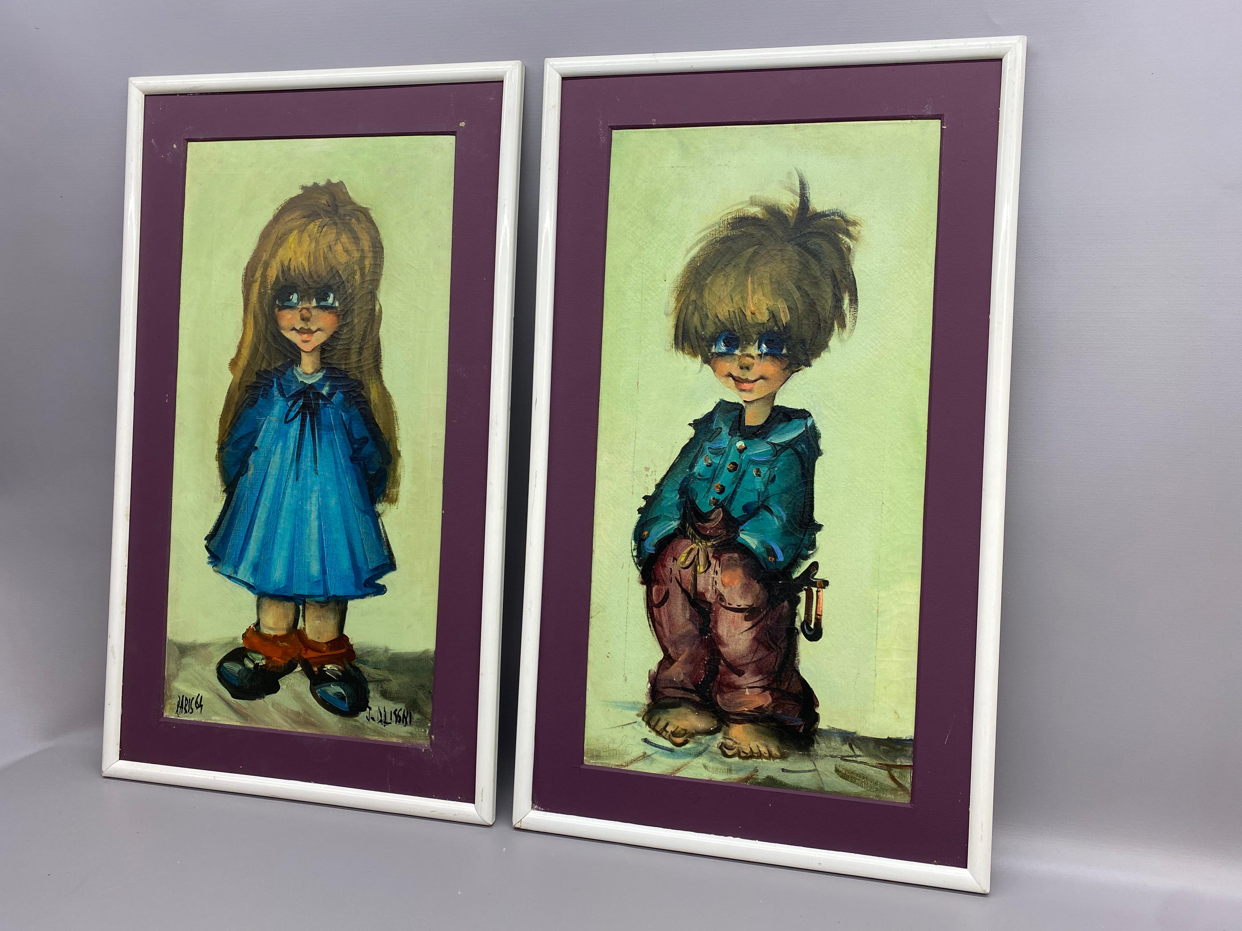 1964 Pinturas parisinas de niña y niño con ojos grandes, Pareja Francés en venta