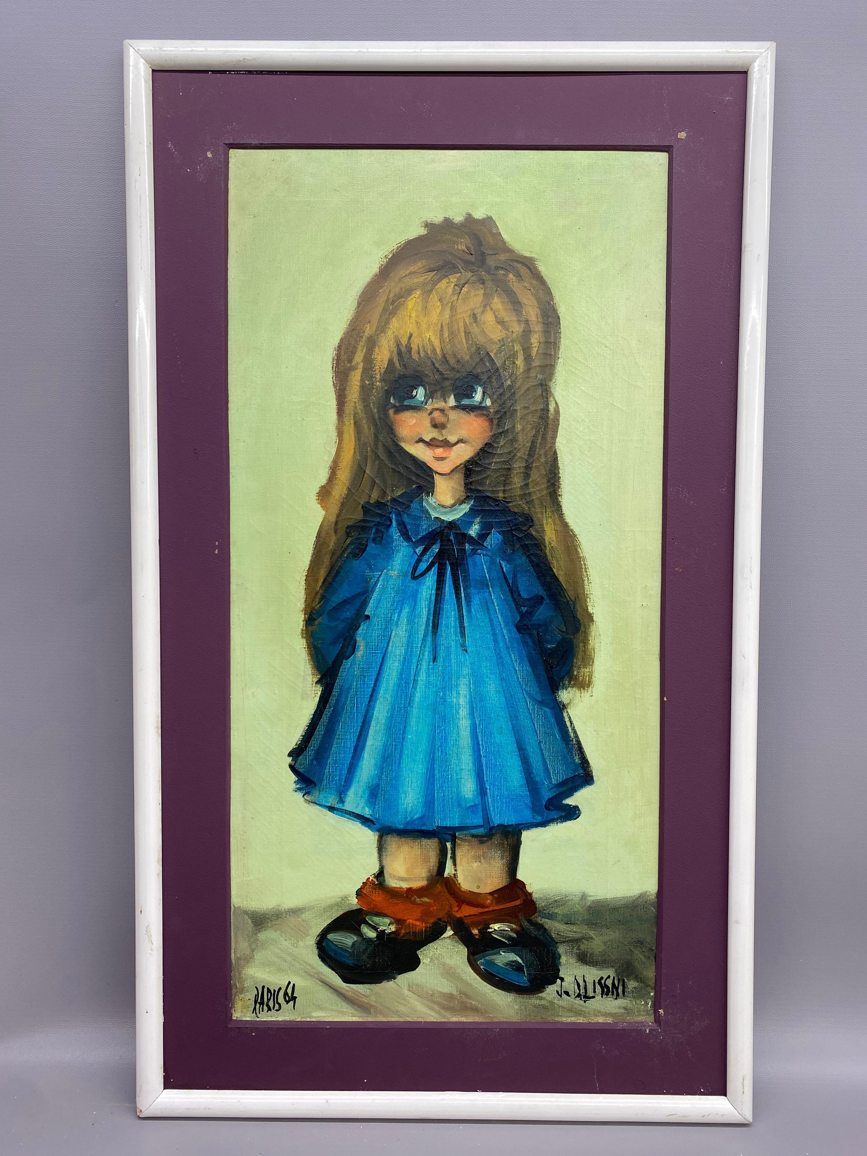 1964 Pinturas parisinas de niña y niño con ojos grandes, Pareja Pintado a mano en venta