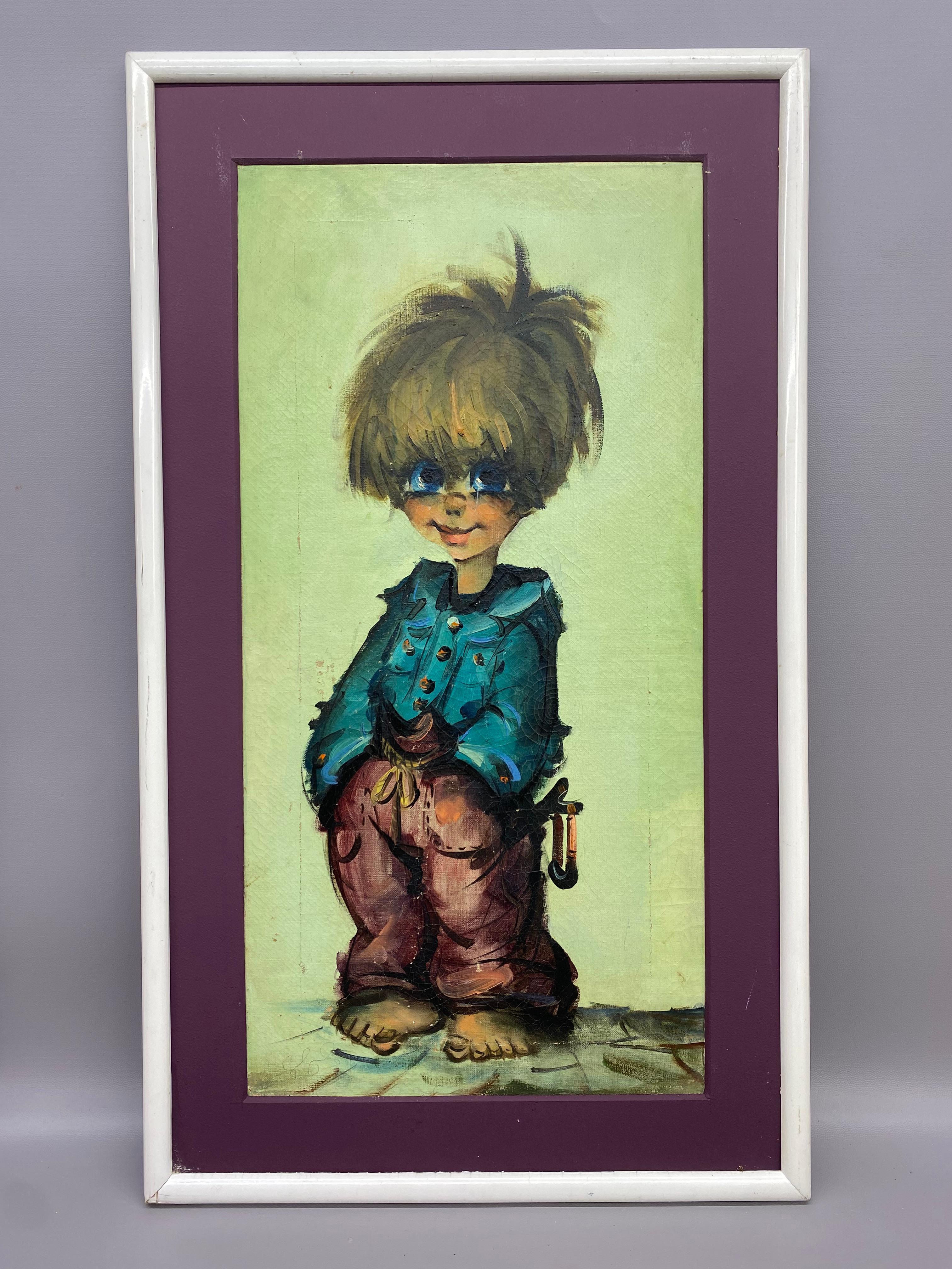 1964 Pinturas parisinas de niña y niño con ojos grandes, Pareja en Bueno estado para la venta en Garnerville, NY