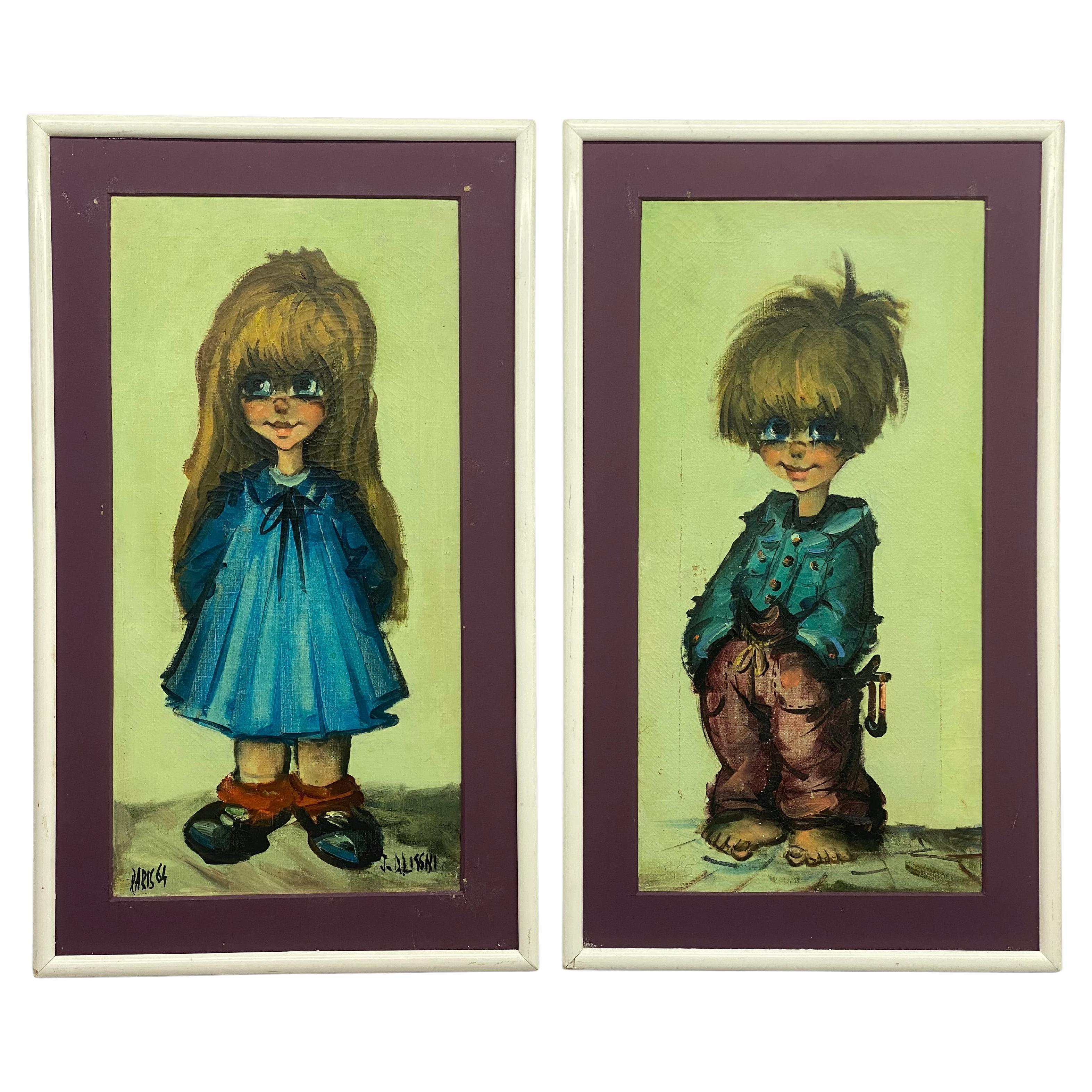 1964 Pinturas parisinas de niña y niño con ojos grandes, Pareja en venta