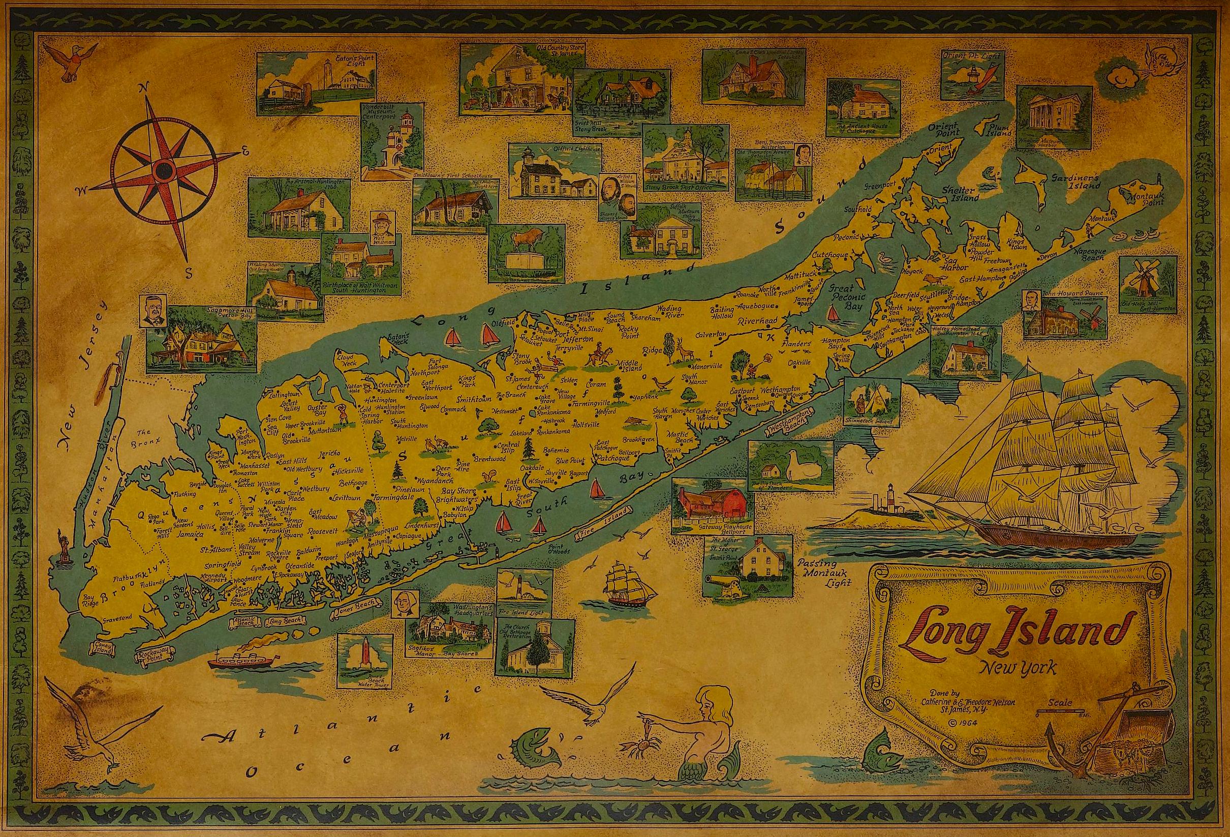 Presented is a colorful and whimsical pictorial map of Long Island. The map was illustrated and published by creative husband and wife duo Catherine Nelson and E. Theodor Nelson in St. James, New York, in 1964. The map is a photo-process print and