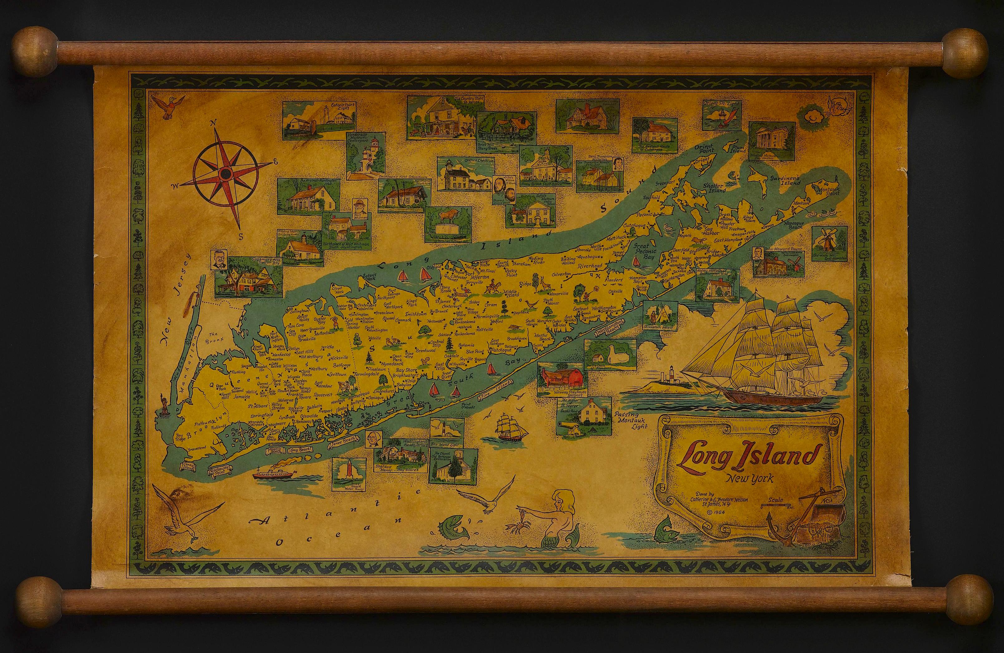 American 1964 Pictorial Map of Long Island by Catherine & E. Theodore Nelson