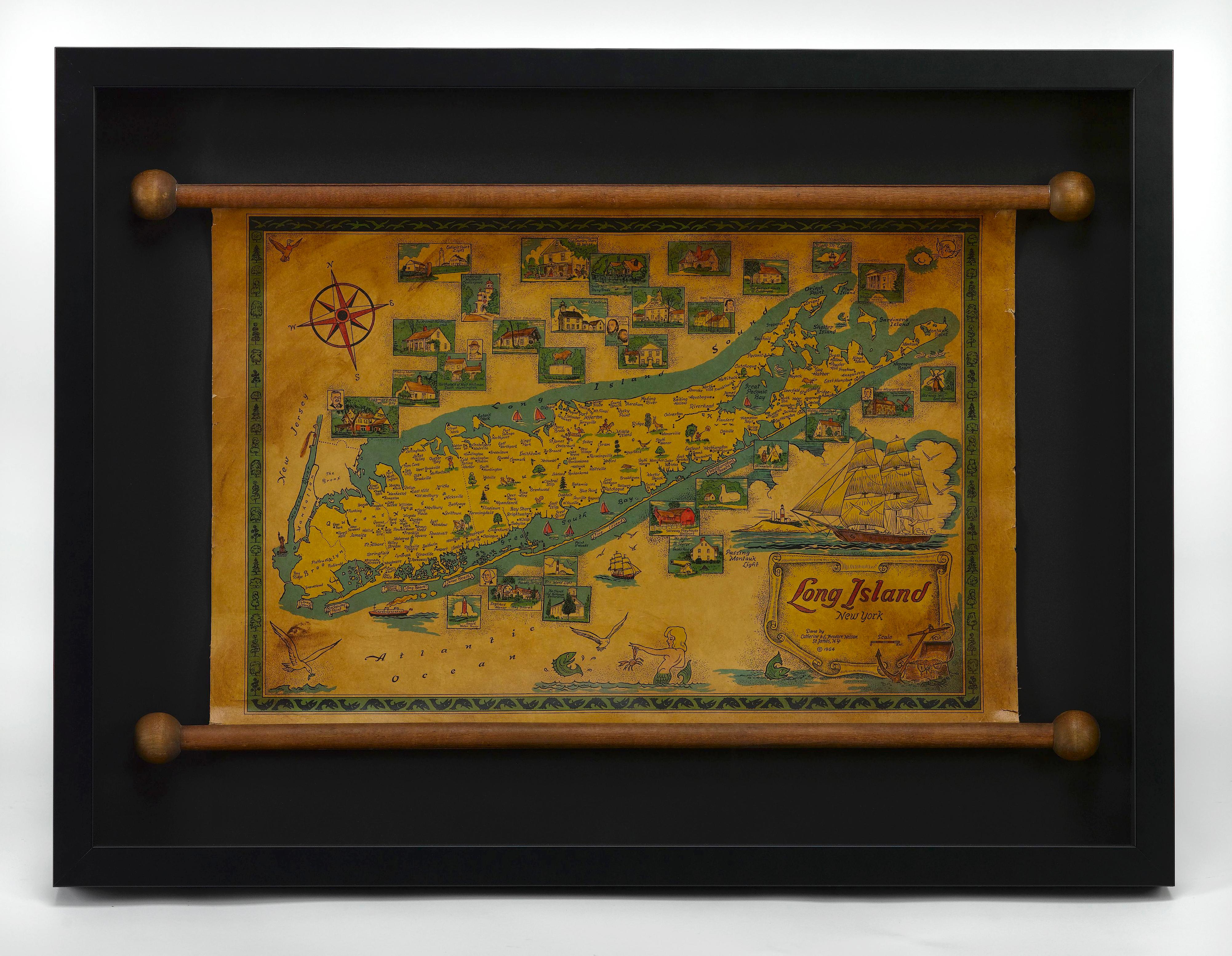 1964 Pictorial Map of Long Island by Catherine & E. Theodore Nelson In Good Condition In Colorado Springs, CO