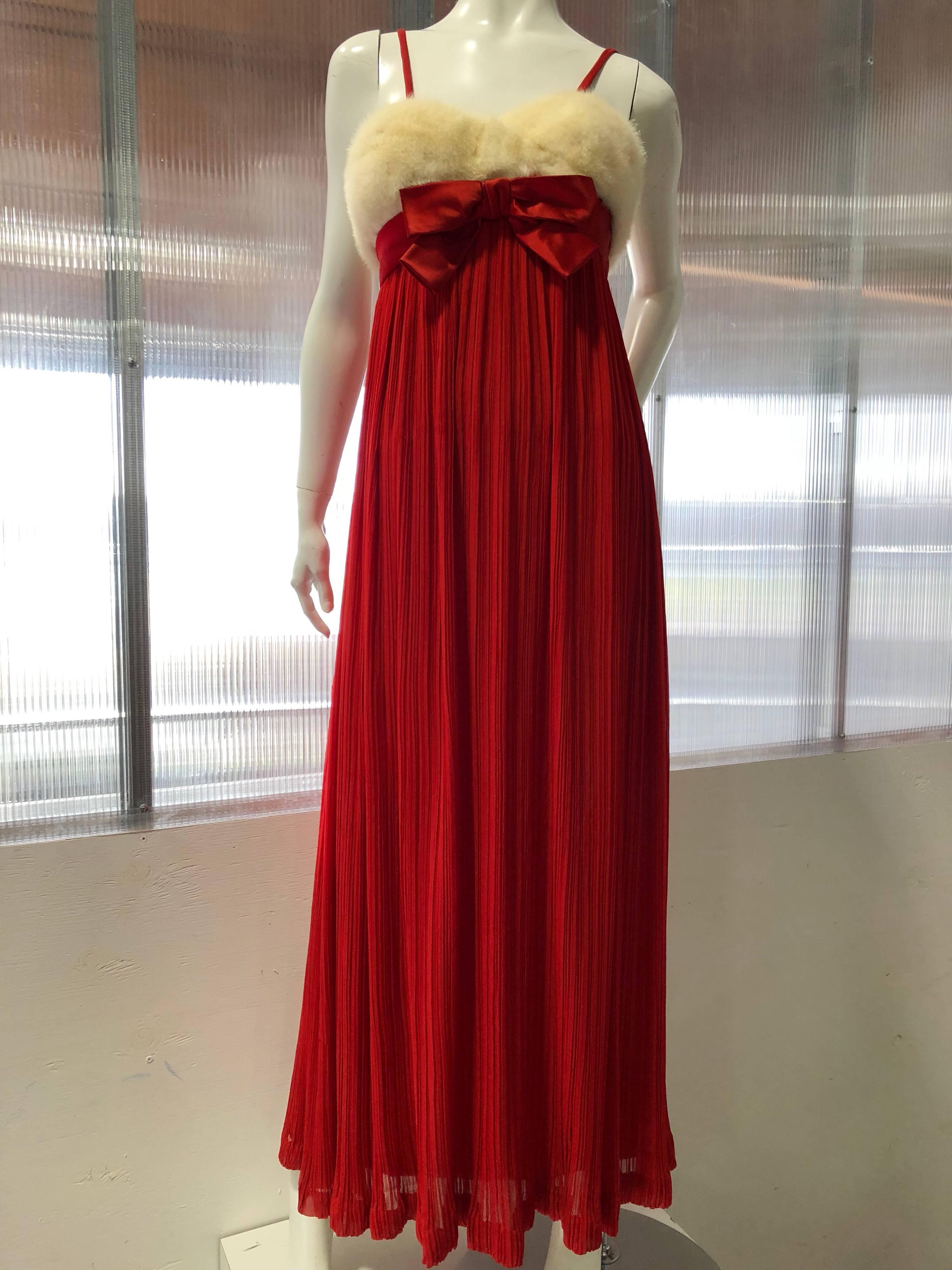 1964 Sarmi Red Silk Chiffon Pleated Empire Evening Gown W/ Mink Fur Bodice 1