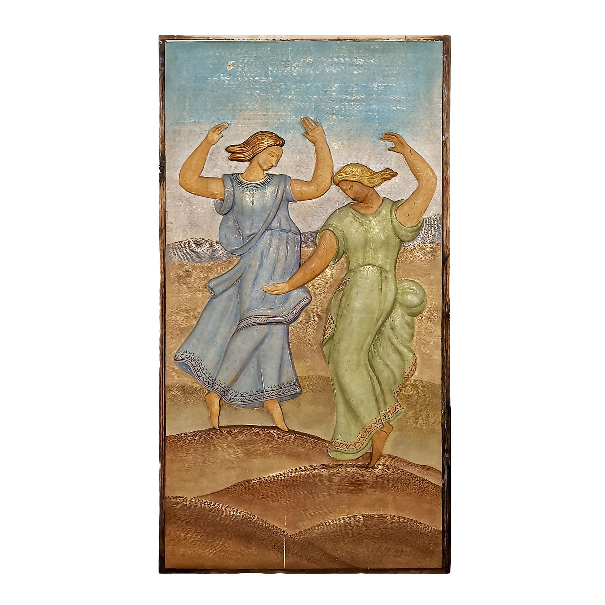 Set of five relief decorative panels, handmade carved and painted on solid wood, dance and music scenes. Extremely fine work with Art Deco inspiration.
Signed and dated: A Trapote Mateo 1964.
Spain

Measurement:
Big panels 47 x 3 x 92 cm Small