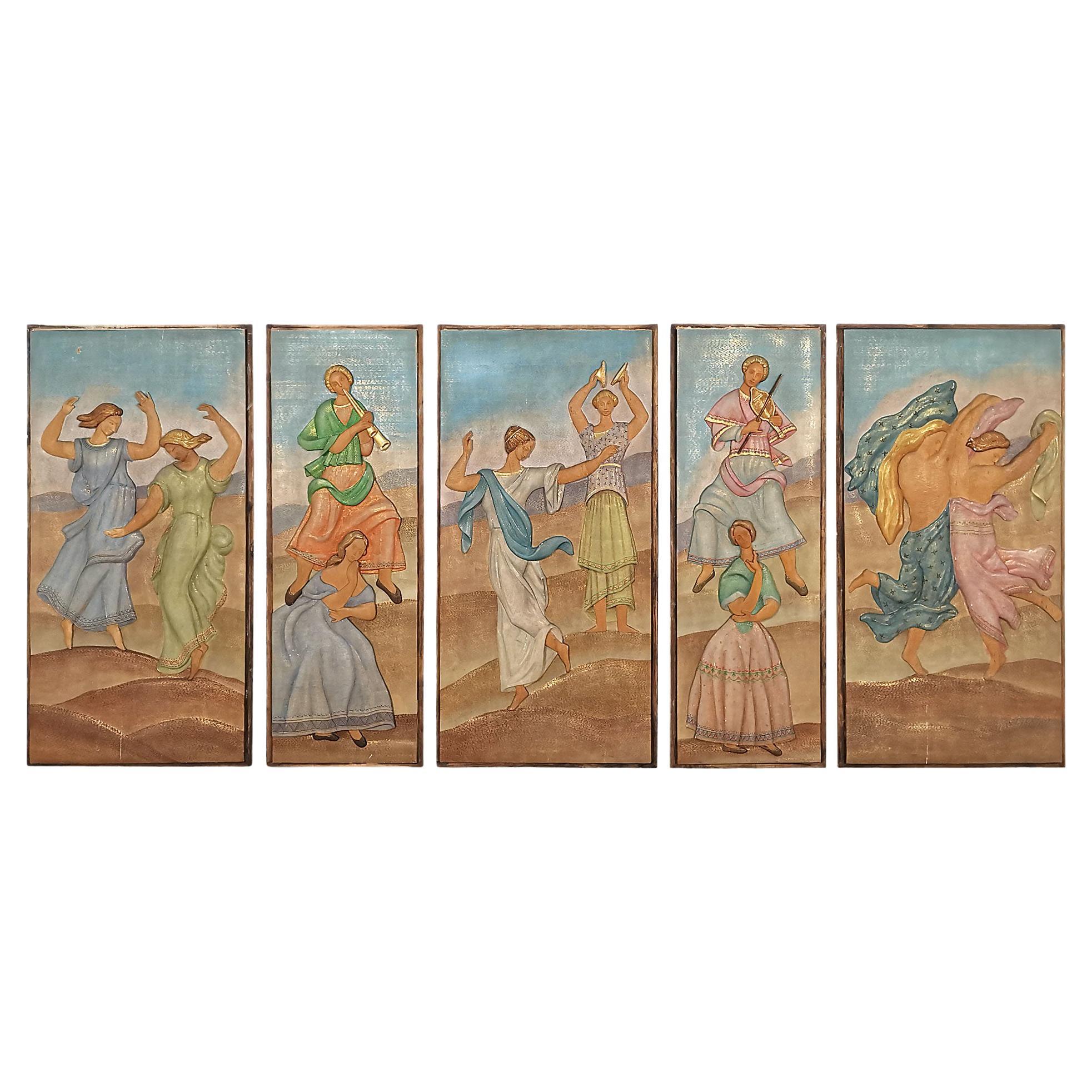 Set of 5 Mid-Century Modern Decorative Panels, Handmade Carved Wood - Spain 