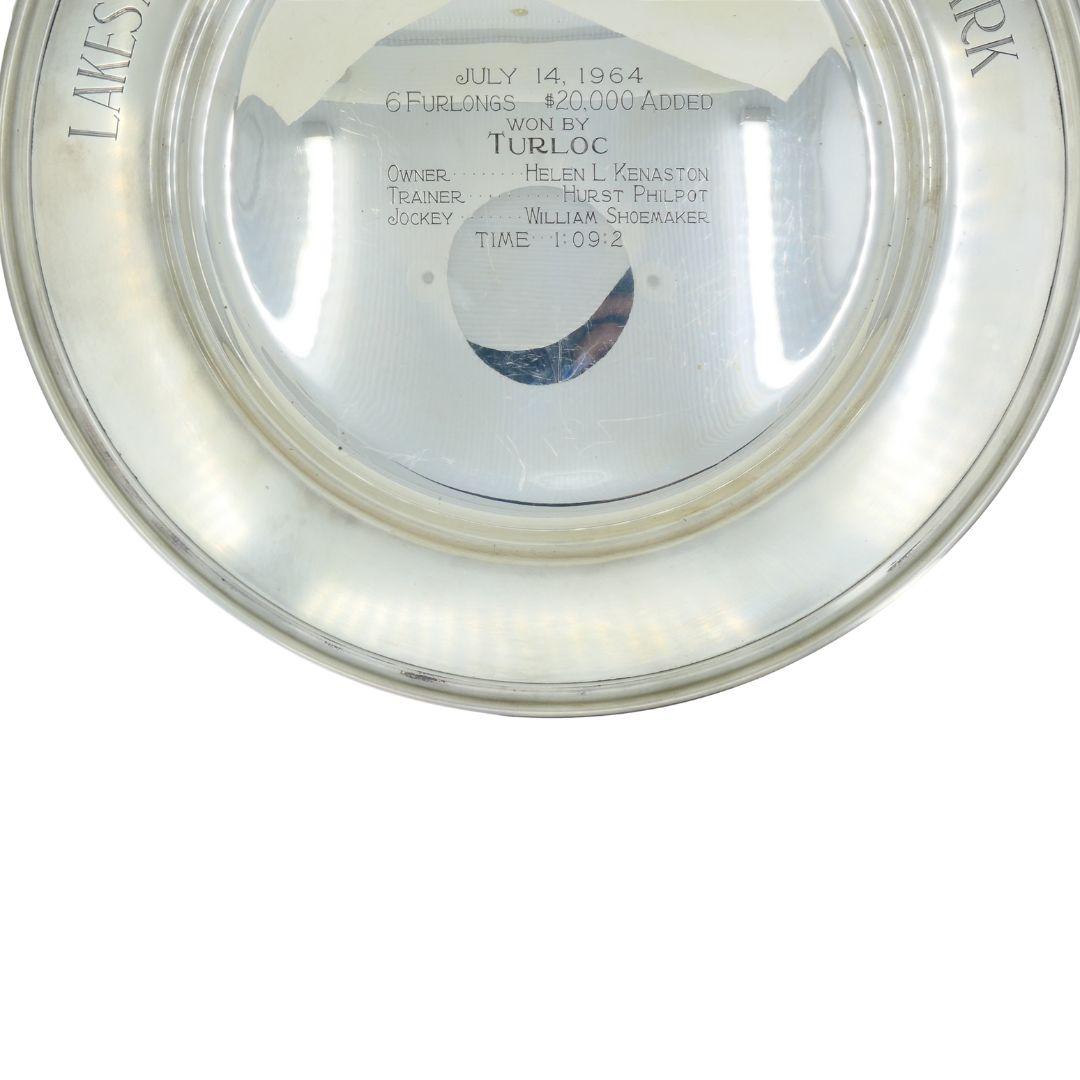 Women's or Men's 1964 Sterling Silver Lakes and Flowers Handicap Hollywood Park Trophy Plate For Sale