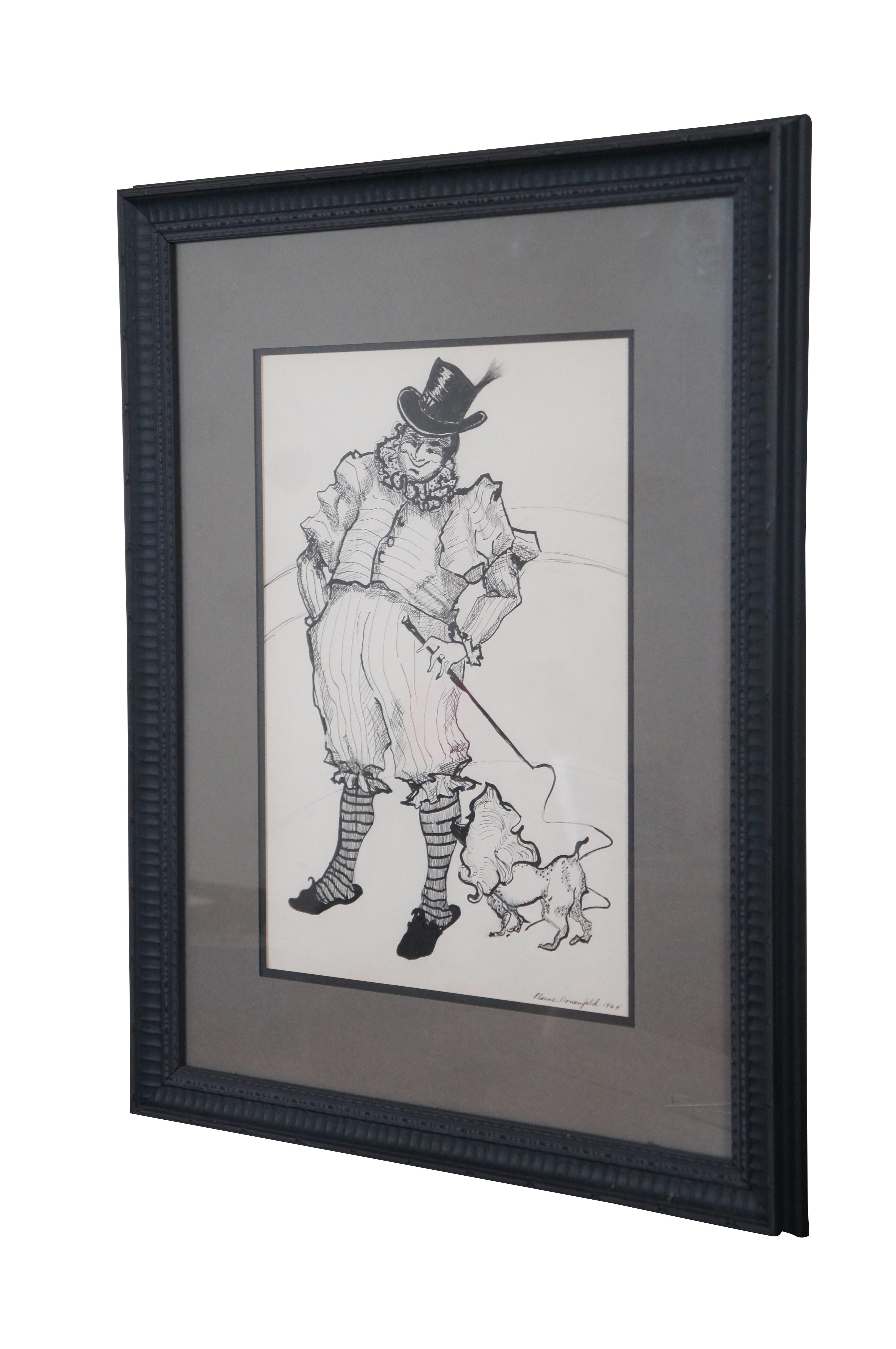 A creative portrait drawing by Elaine Donenfeld from 1964. The ink drawing is on paper and features a circus lion tamer in B + W with pet. Signed lower right. Framed in green and matted. Elaine Levine Denenfeld (1928 - 2007). Born in Dayton, Ohio
