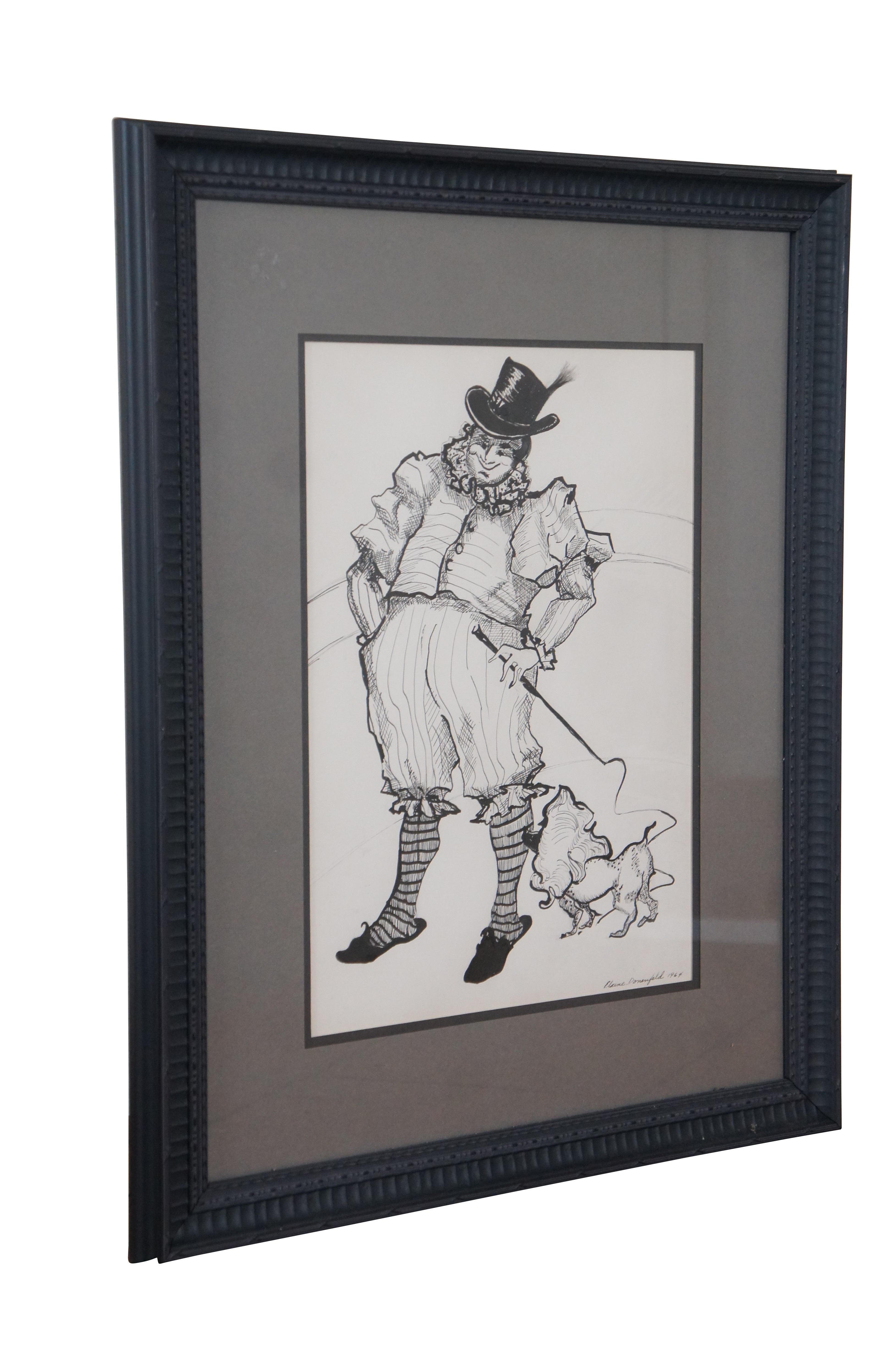 1964 Vintage Elaine Donenfeld Lion Tamer Portrait Pen & Ink Drawing Framed In Good Condition For Sale In Dayton, OH