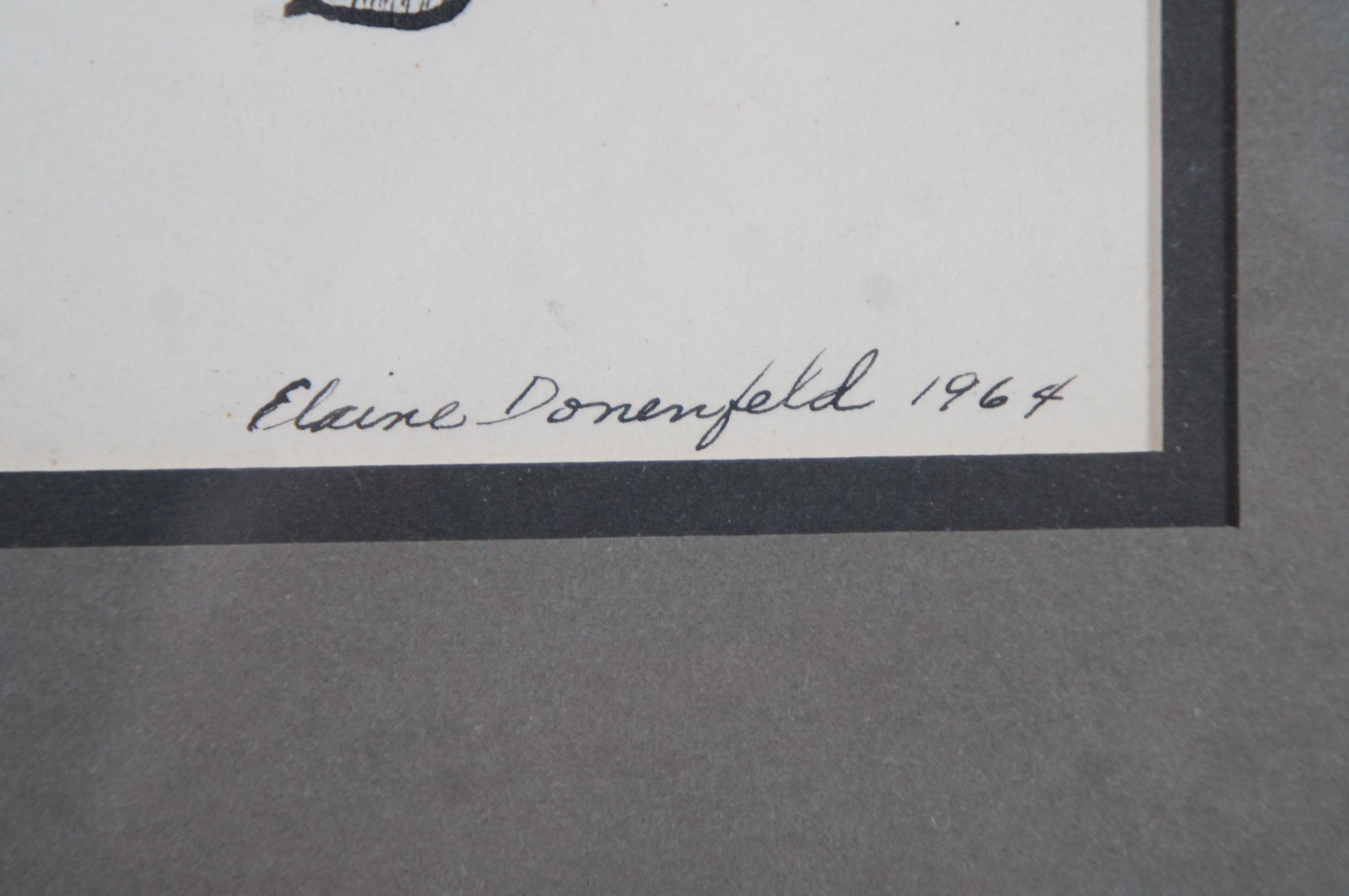 1964 Vintage Elaine Donenfeld Lion Tamer Portrait Pen & Ink Drawing Framed For Sale 2