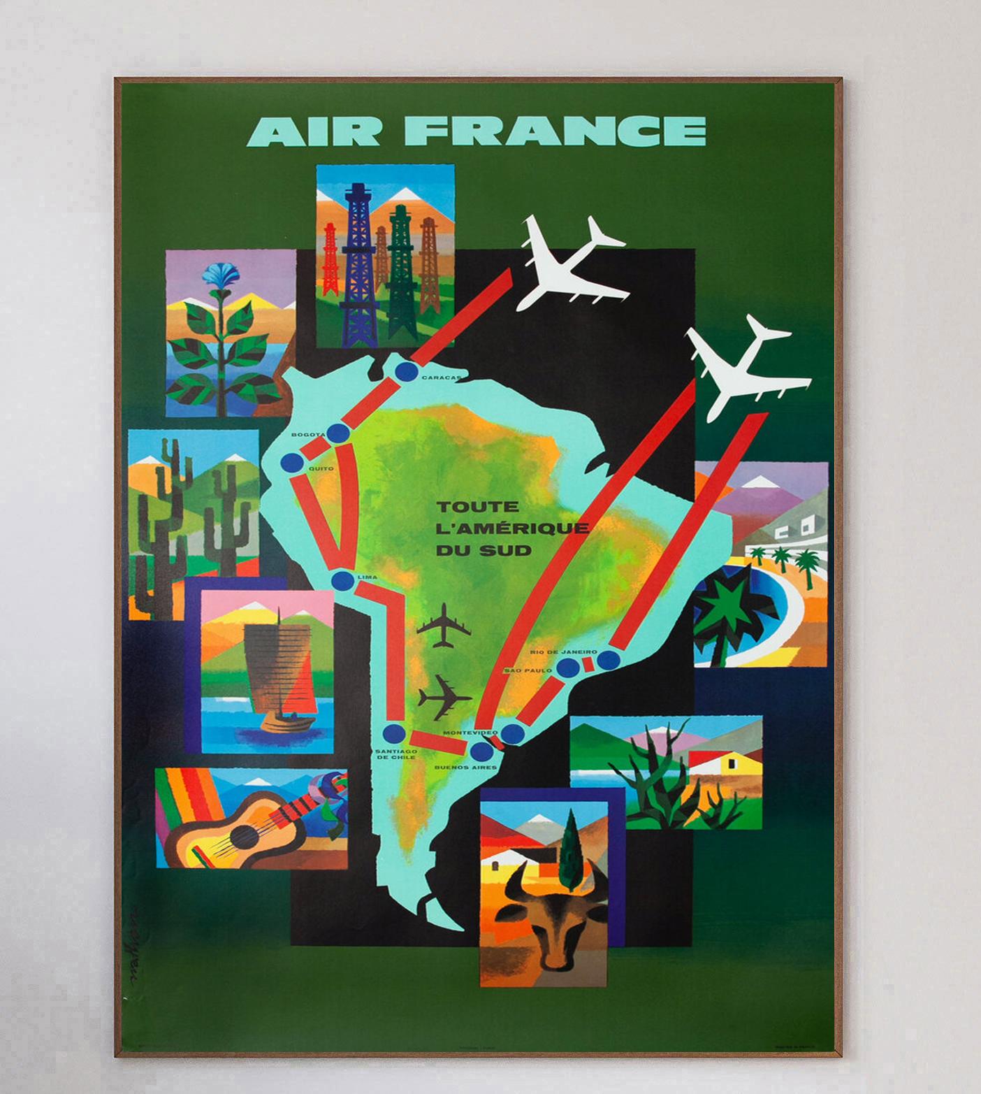 With fabulous artwork from French artist Nathan (Jacques Nathan-Garamond) who worked on several Air France posters of the era, this poster promoting the airlines routes to South America was created in 1965. Air France was created in 1933 after a