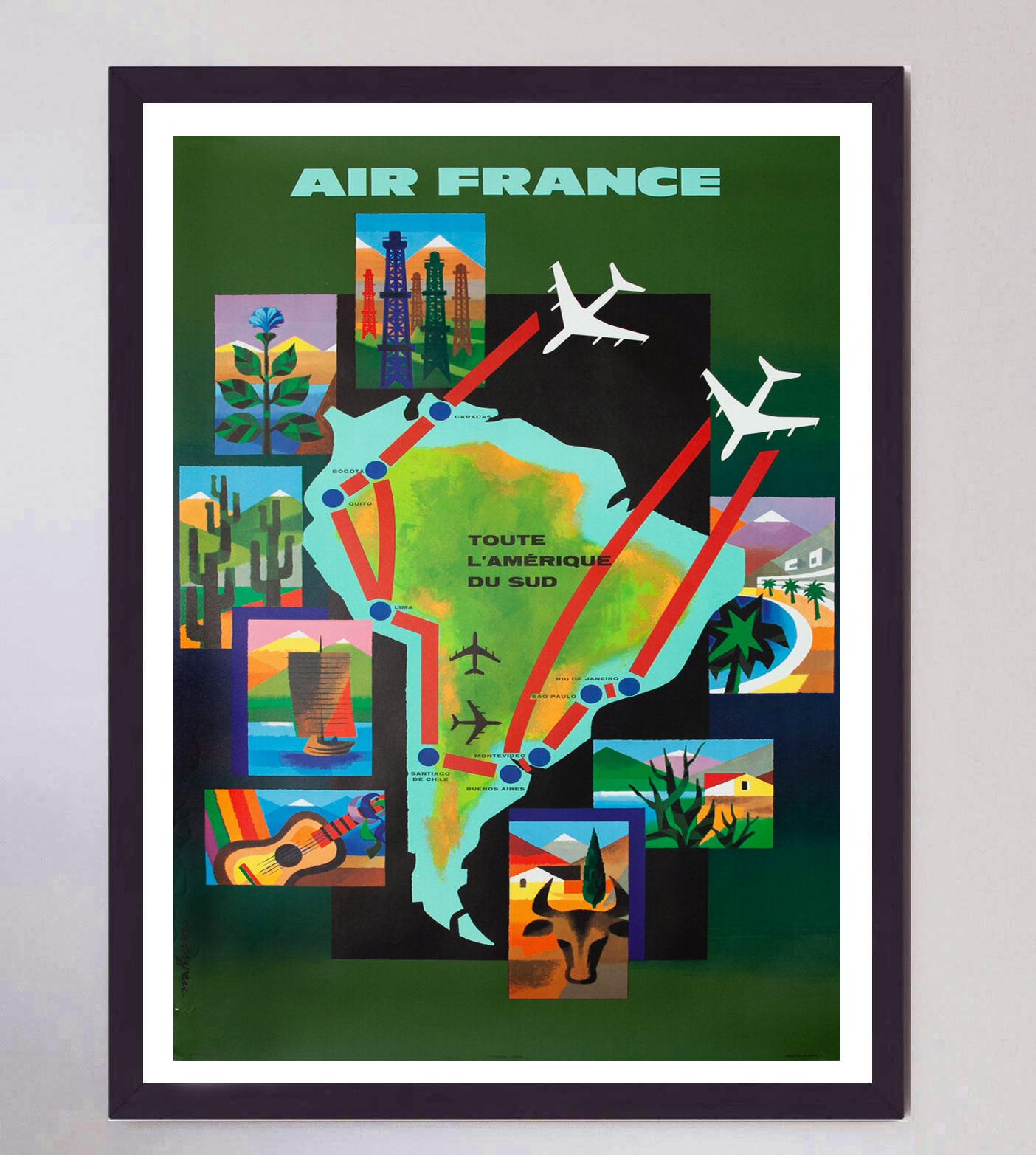 Milieu du XXe siècle Affiche rétro originale d'Air France, 1965, Amérique du Sud en vente