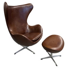 1965 Arne Jacobsen for Fritz Hansen Leather Egg Chair and Ottoman