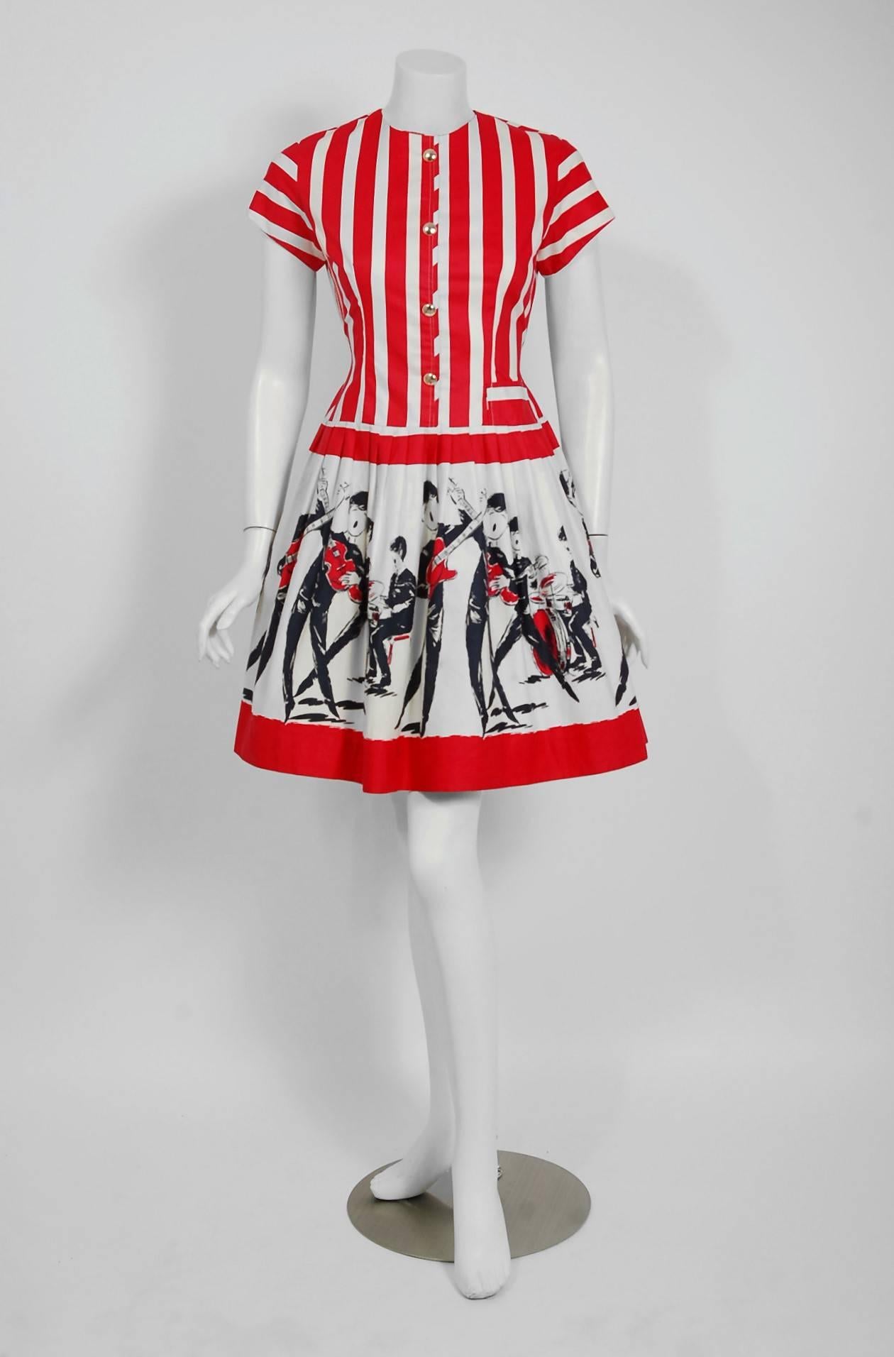This ultra-rare Beatles memorabilia dress, dating back to 1965, is the perfect addition to any Fab Four collection! With its vivid artistic impression of the group performing and flawless styling, this garment has the casual playfulness the 1960's