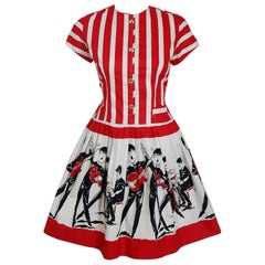 1965 Beatles Memorabilia Novelty Print Striped Cotton Belted Full Rock Dress