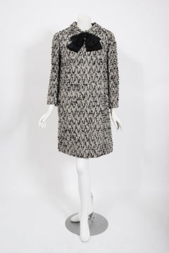 1965 Bill Blass Black & Ivory Textured Wool Dolly-Bow Mod Pockets Coat Dress