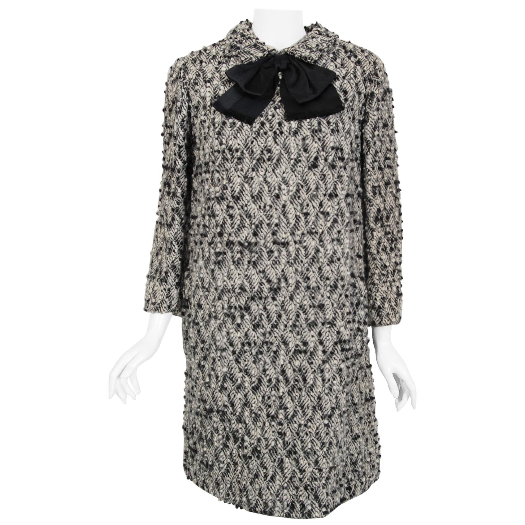 1965 Bill Blass Black & Ivory Textured Wool Dolly-Bow Mod Pockets Coat Dress