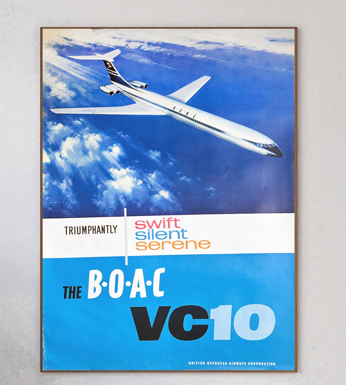 Bellissima meraviglia di metà secolo della BOAC, la British Overseas Airways Corporation. Questo splendido design dai toni blu brillanti mette in mostra l'aereo VC10 