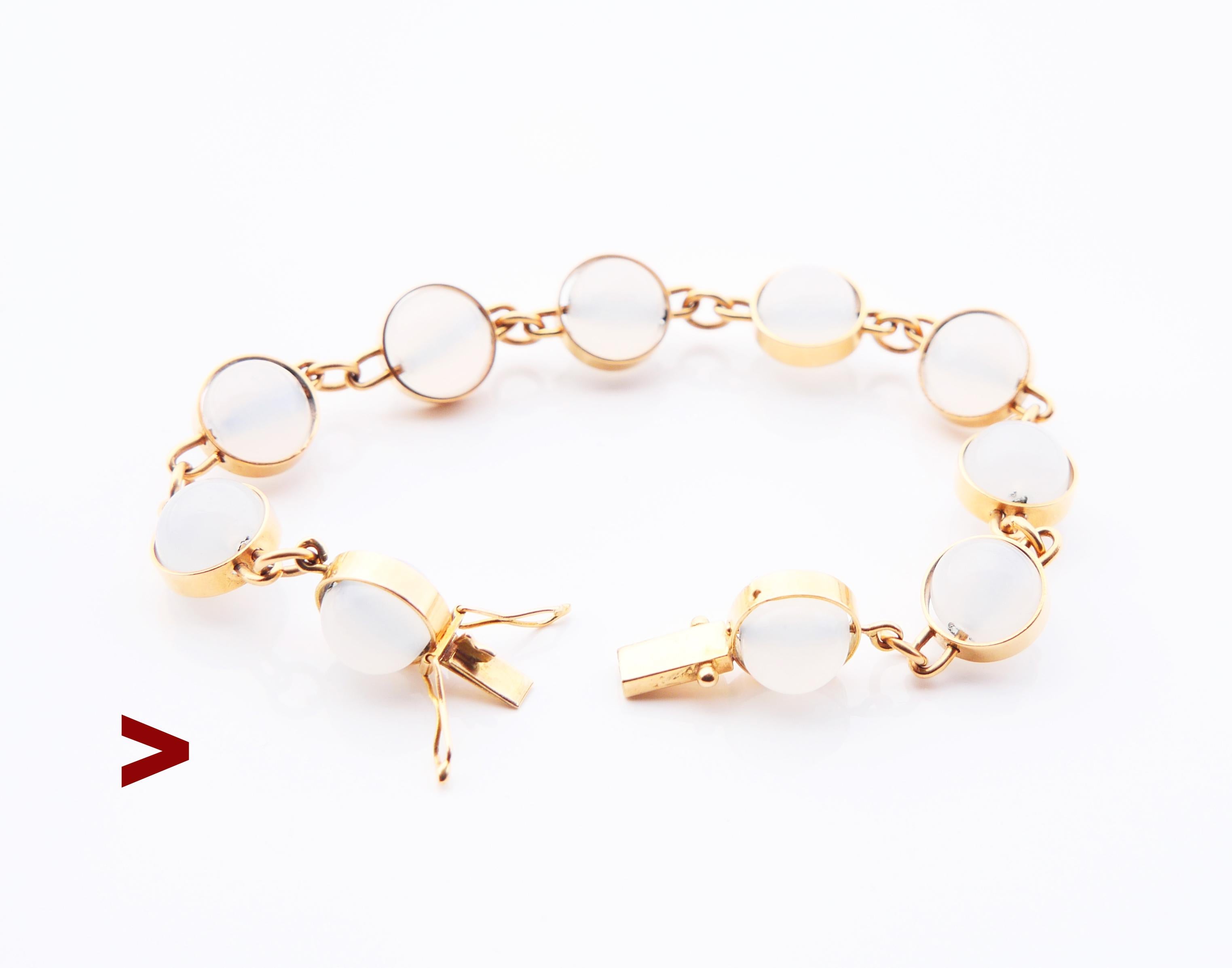 
Beautiful tennis-type bracelet for every day. Fancy, very ergonomic, and elegant. It was created 57 years ago, not yesterday but looks perfectly modern today.

Hallmarks: 18K, initials of maker, year marks P9 / hand-made in 1965.

 I'm not sure if