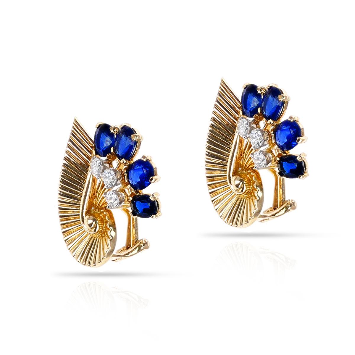 Retro 1965 Cartier Paris Natural Sapphire and Diamond 18K Yellow Gold Earrings For Sale