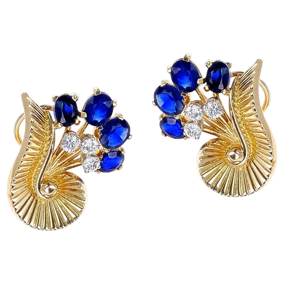 1965 Cartier Paris Natural Sapphire and Diamond 18K Yellow Gold Earrings For Sale