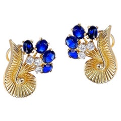 Retro 1965 Cartier Paris Natural Sapphire and Diamond 18K Yellow Gold Earrings