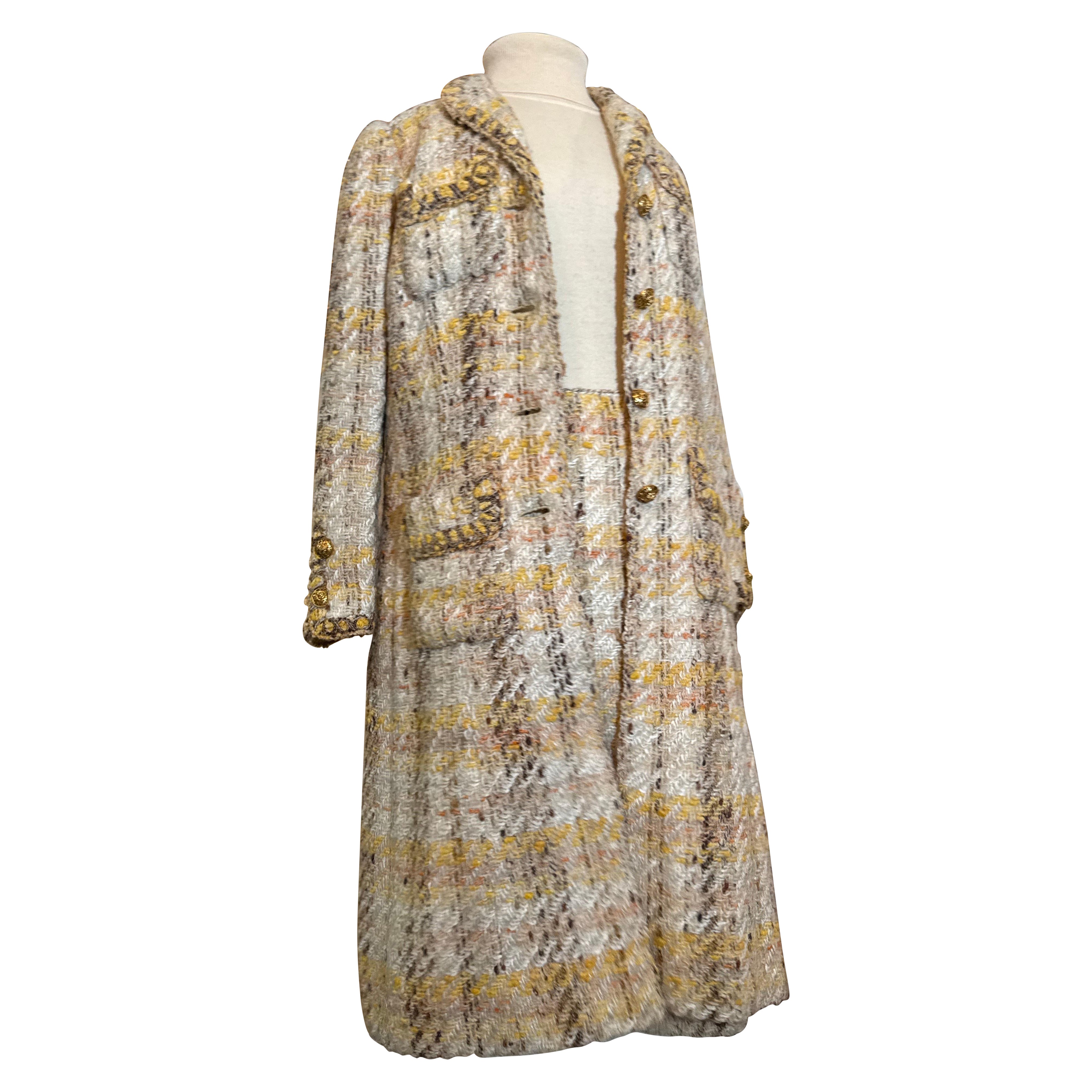 1965 Chanel Iconic Autumnal Tweed Long Coat & A-Line Skirt Set in stile classico