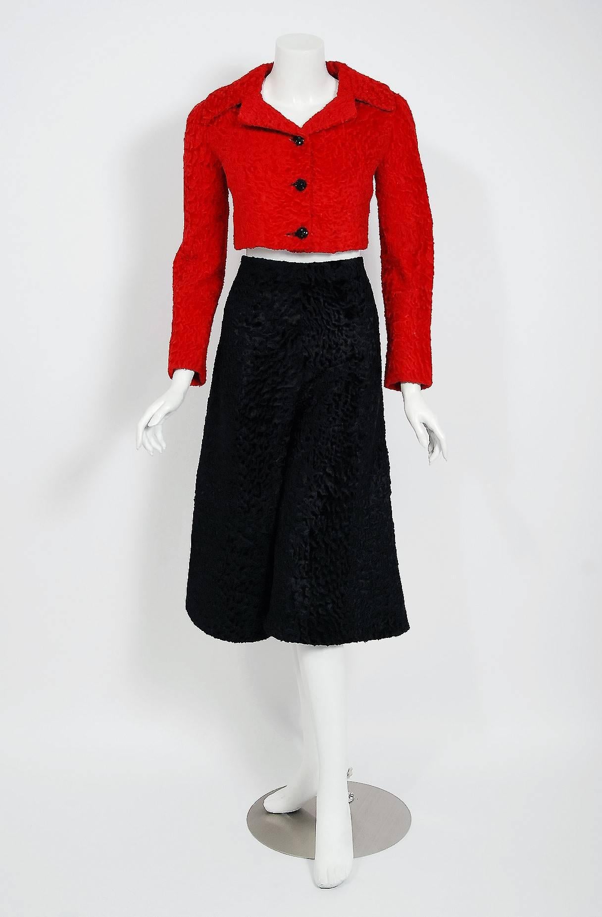 The House of Dior has been an enduring icon of Haute Couture. When the talented Marc Bohan took over as head designer in 1960, he continued the Dior tradition of elegant design. This gorgeous ruby-red and black broadtail fur ensemble dating back to