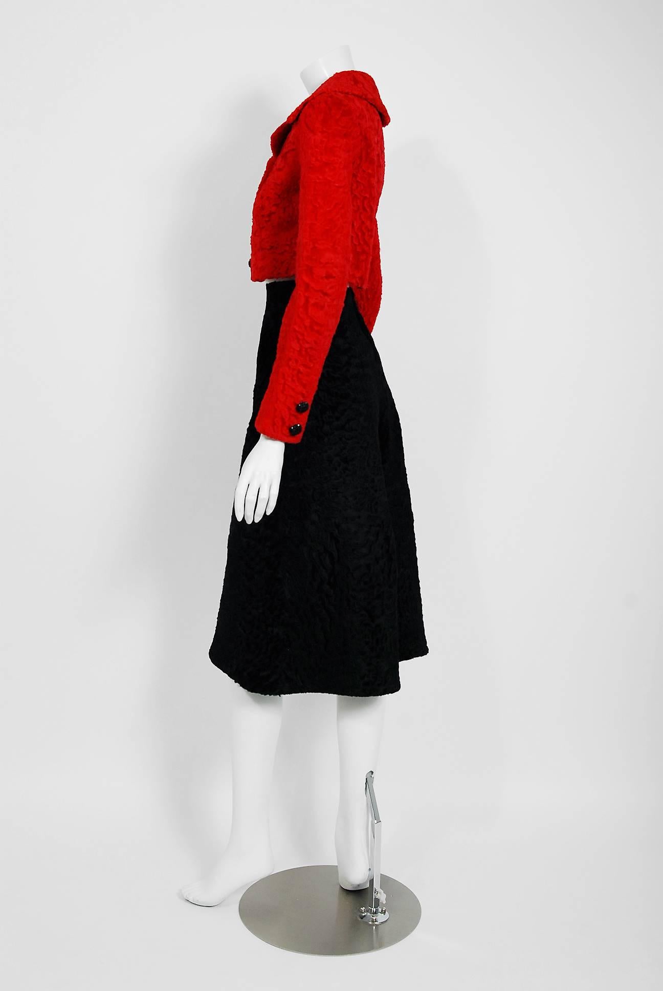 Vintage 1960s Christian Dior Couture Red Black Broadtail Jacket and Gaucho Pants 1