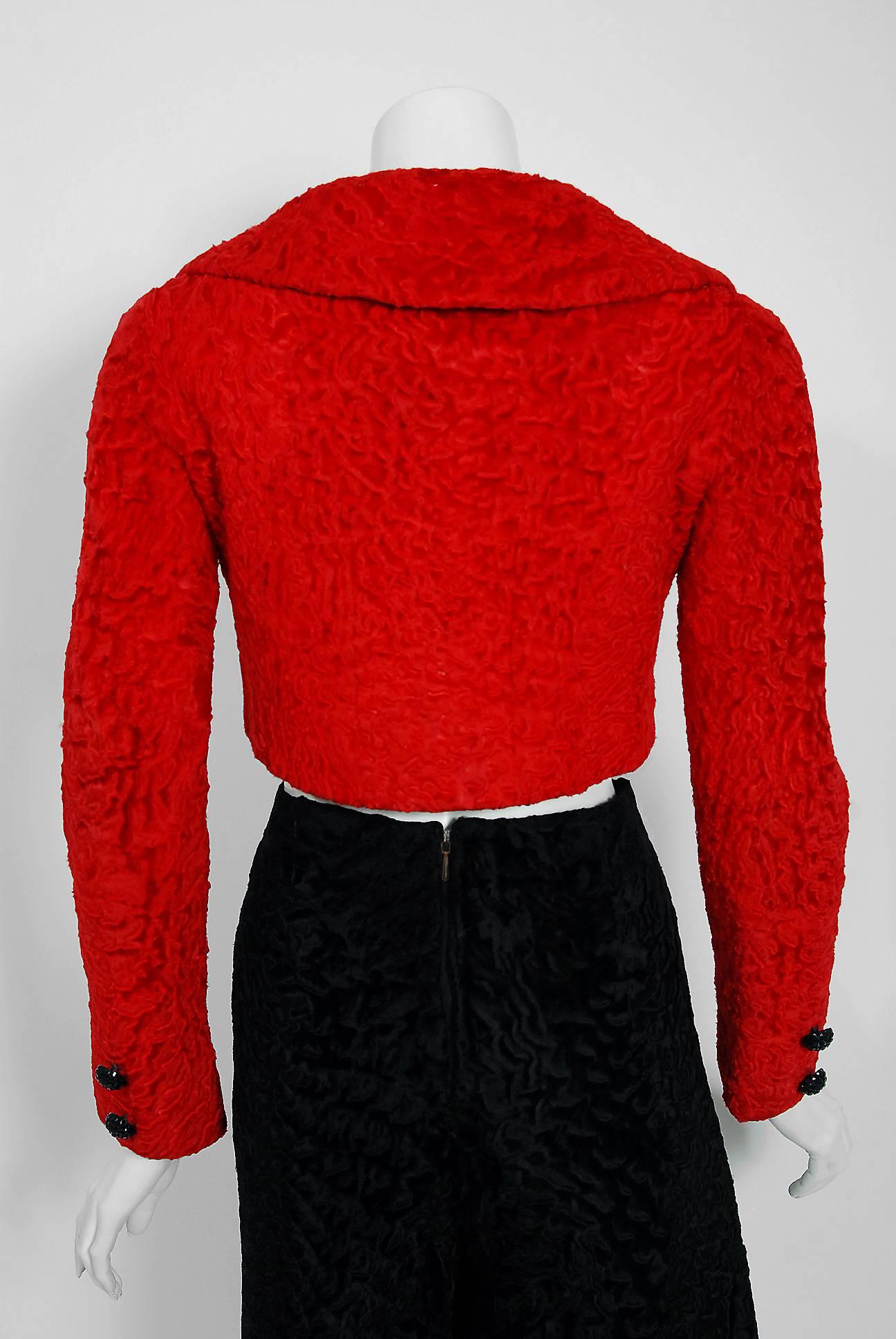 Vintage 1960s Christian Dior Couture Red Black Broadtail Jacket and Gaucho Pants 2