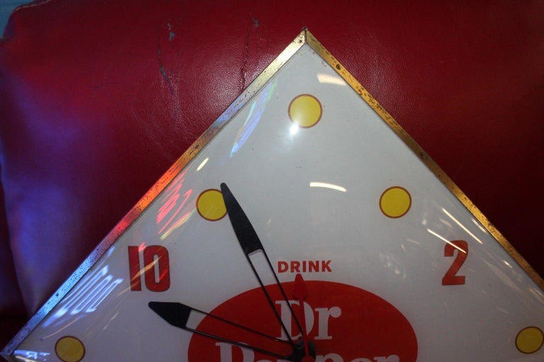 1965 Dr Pepper Soda Pam Clock Diamond Shape Advertising For Sale at