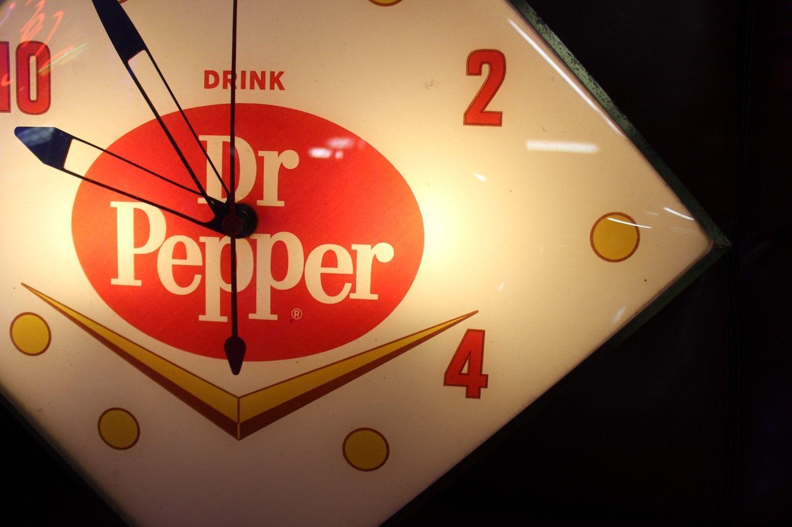 Metal 1965 Dr Pepper Soda Pam Clock Diamond Shape Advertising For Sale