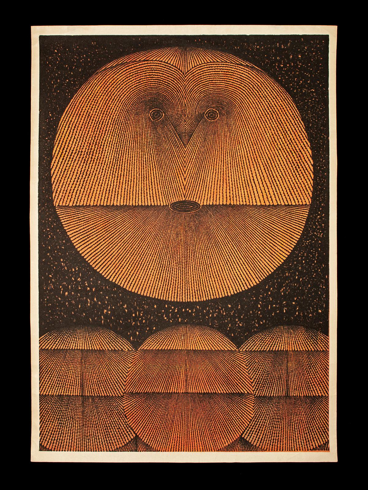 1965 Gesicht (Schwarz), Holzschnitt von Tomio Kinoshita, Japan (Japanisch) im Angebot