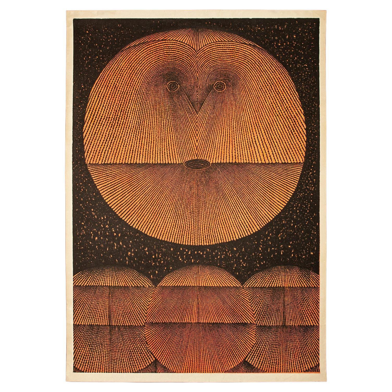 1965 Gesicht (Schwarz), Holzschnitt von Tomio Kinoshita, Japan im Angebot