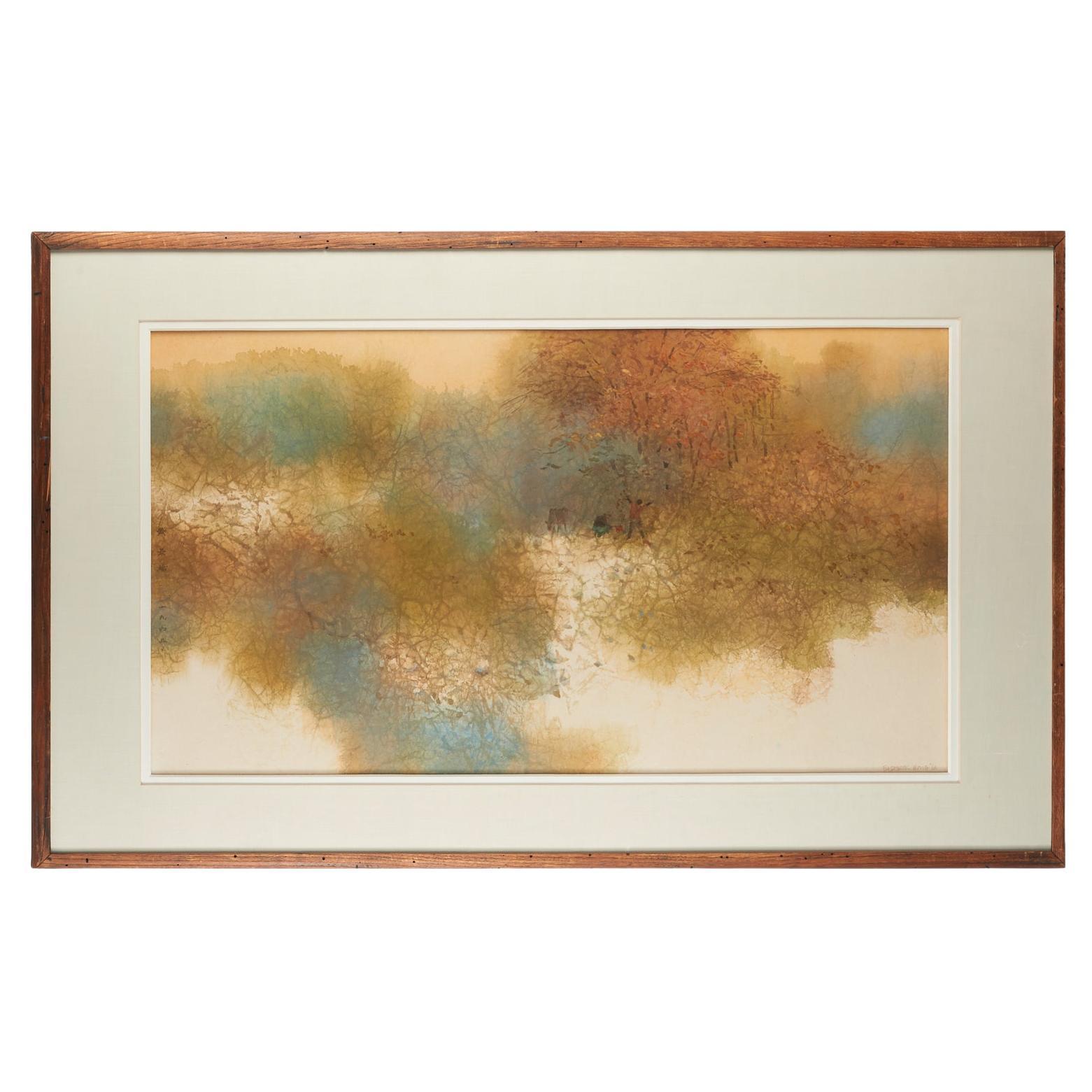 1965, Framed Winter Scene Watercolor and Gouache on Masa Paper, Frederick Wong