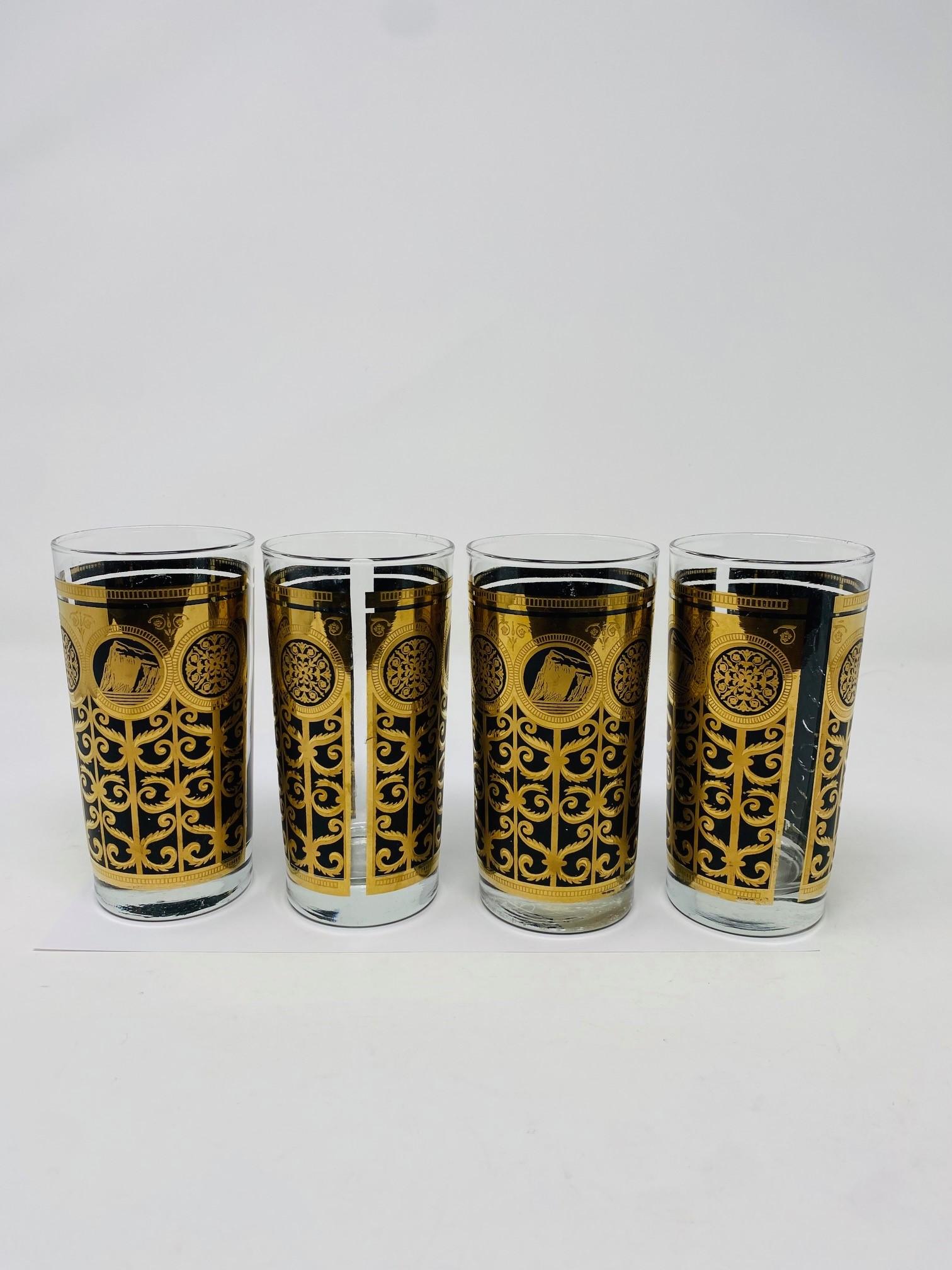 Beautiful set of 4 highball glasses by Fred Press.  This incredible design in a graphic gold and black scheme is glamourous and unique.  These pieces commemorated the Prudential Insurance Company, featuring the Rock of Gibraltar, their symbol.  This