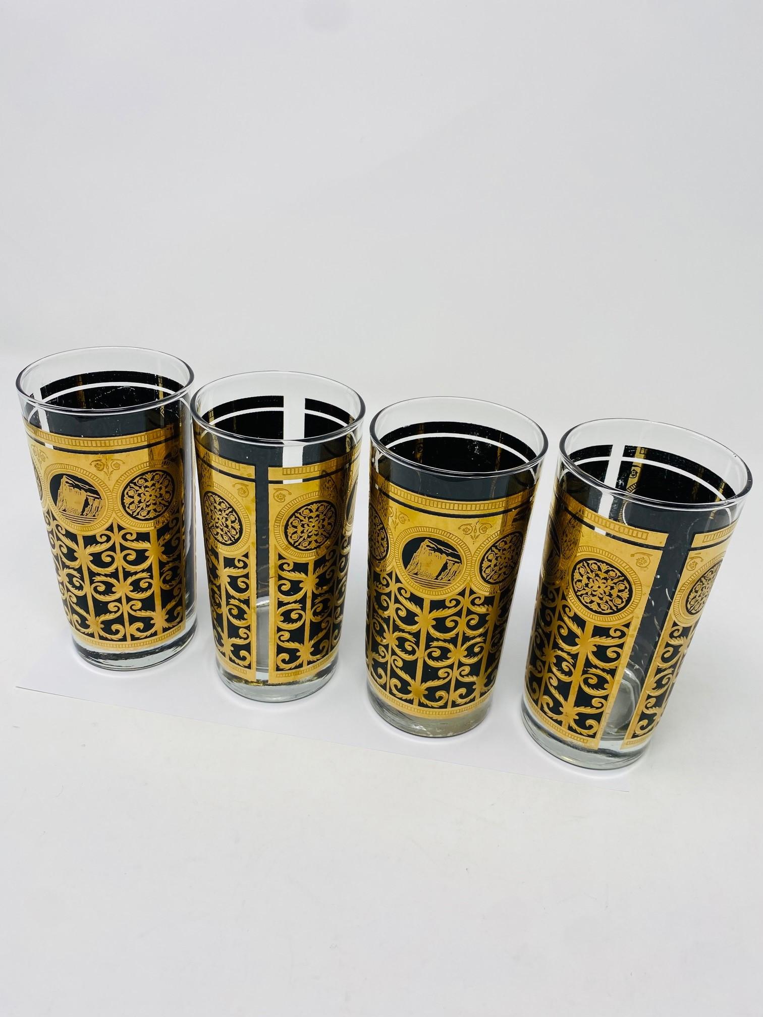 Mid-Century Modern 1965 Fred Press Black and Gold Prudential Insurance Co. Hi-ball Glasses Set of 4 For Sale