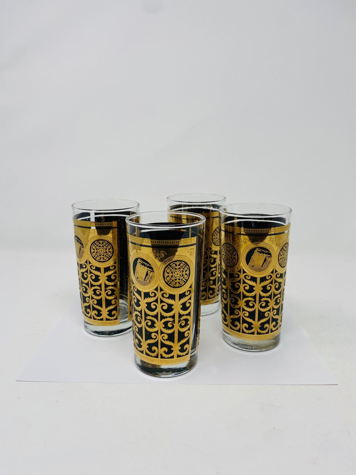 Hand-Crafted 1965 Fred Press Black and Gold Prudential Insurance Co. Hi-ball Glasses Set of 4 For Sale